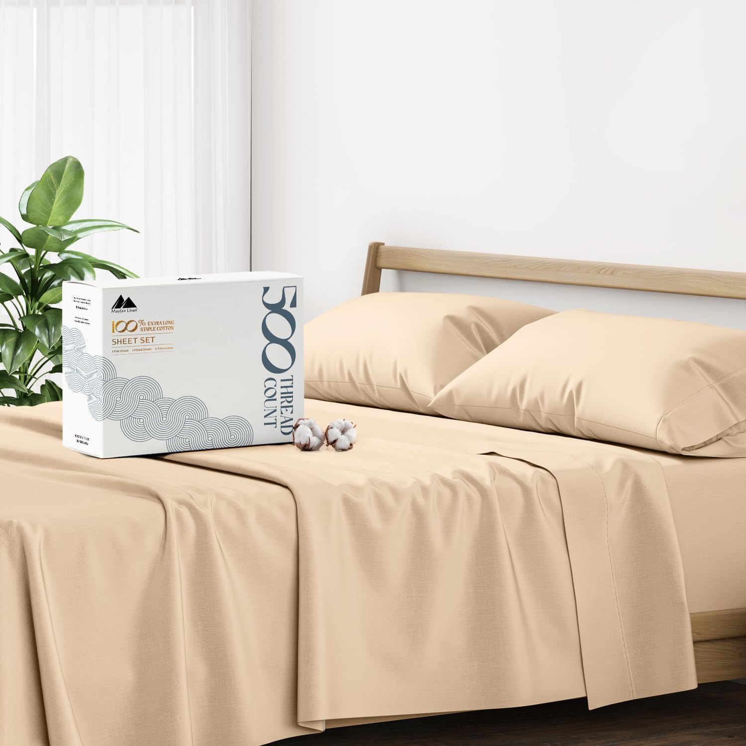 100% Cotton Sheets for Queen Size Bed - Luxury 500 Thread Count Queen Sheet Set, 4 Piece Sateen Weave Queen Sand Cotton Sheets, Ultra Soft Deep Pocket Cooling Sheets Queen Size