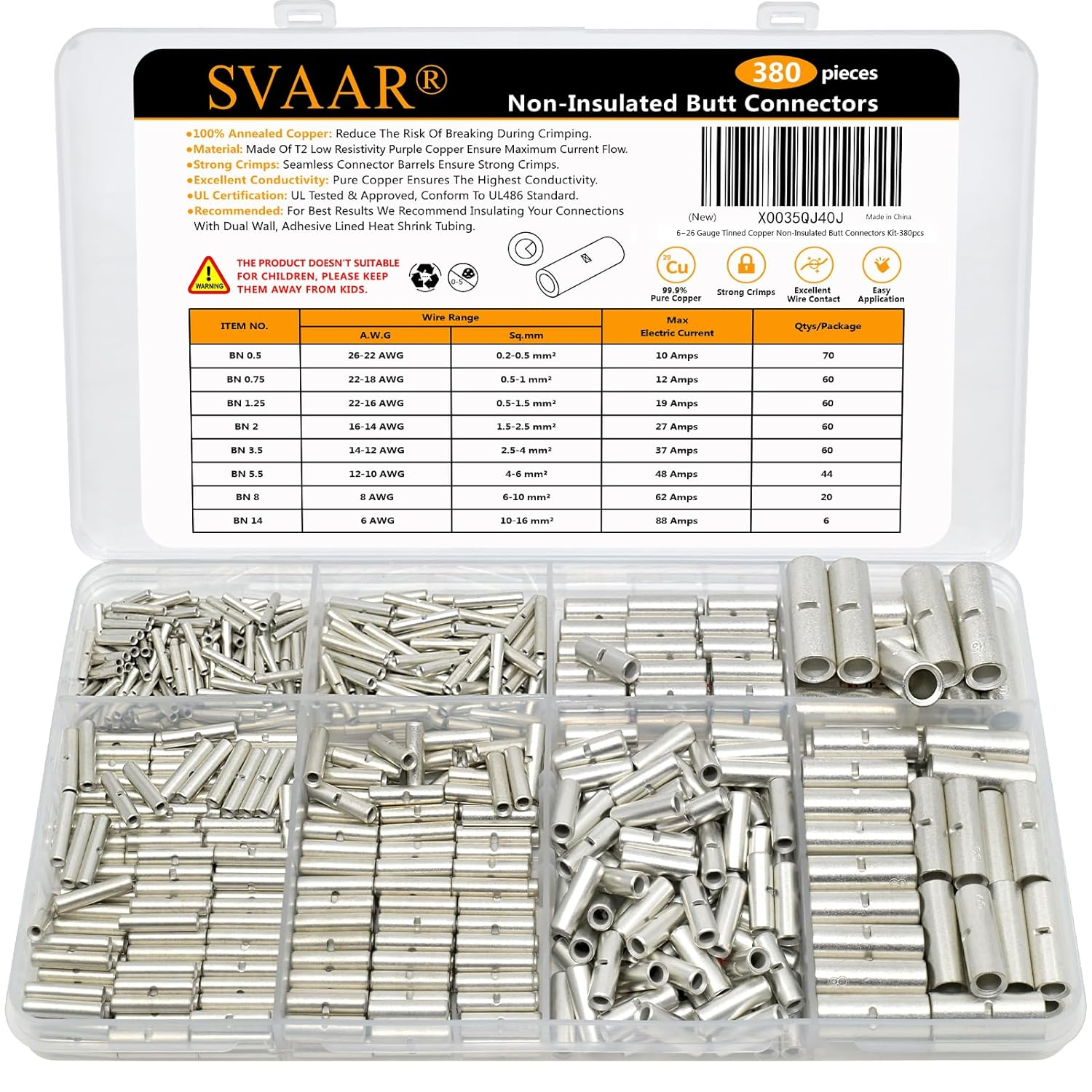 380Pcs Butt Connectors Kit 26-6 Gauge Marine Tinned Copper Crimp Splice