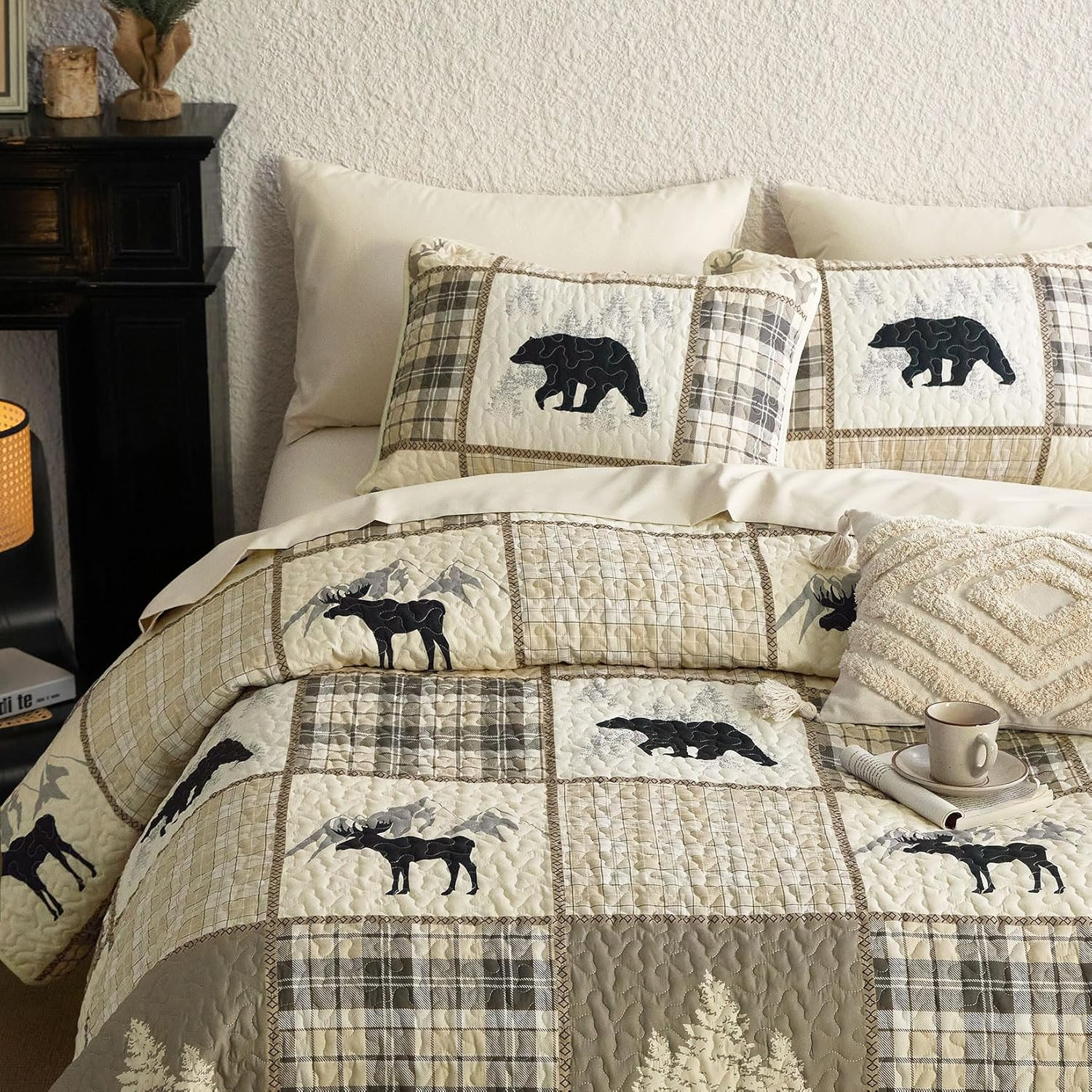 - Rustic Quilt Set, Cabin Lodge Christmas Bear Moose Deer Woodland Western 