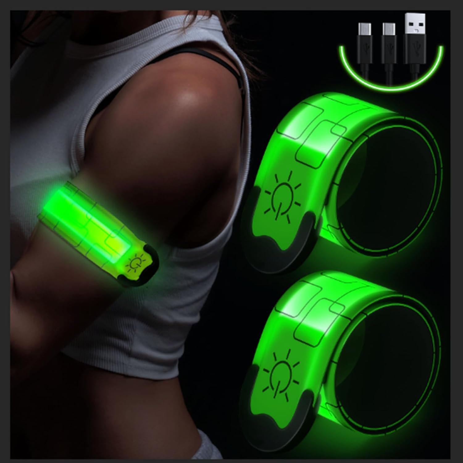 Running Lights for Runners(2 Pack), LED Armbands for Running, USB Rechargeable Reflective Armbands, High Visibility Light Up Band for Runners, Bikers, Walkers, Pet Owners