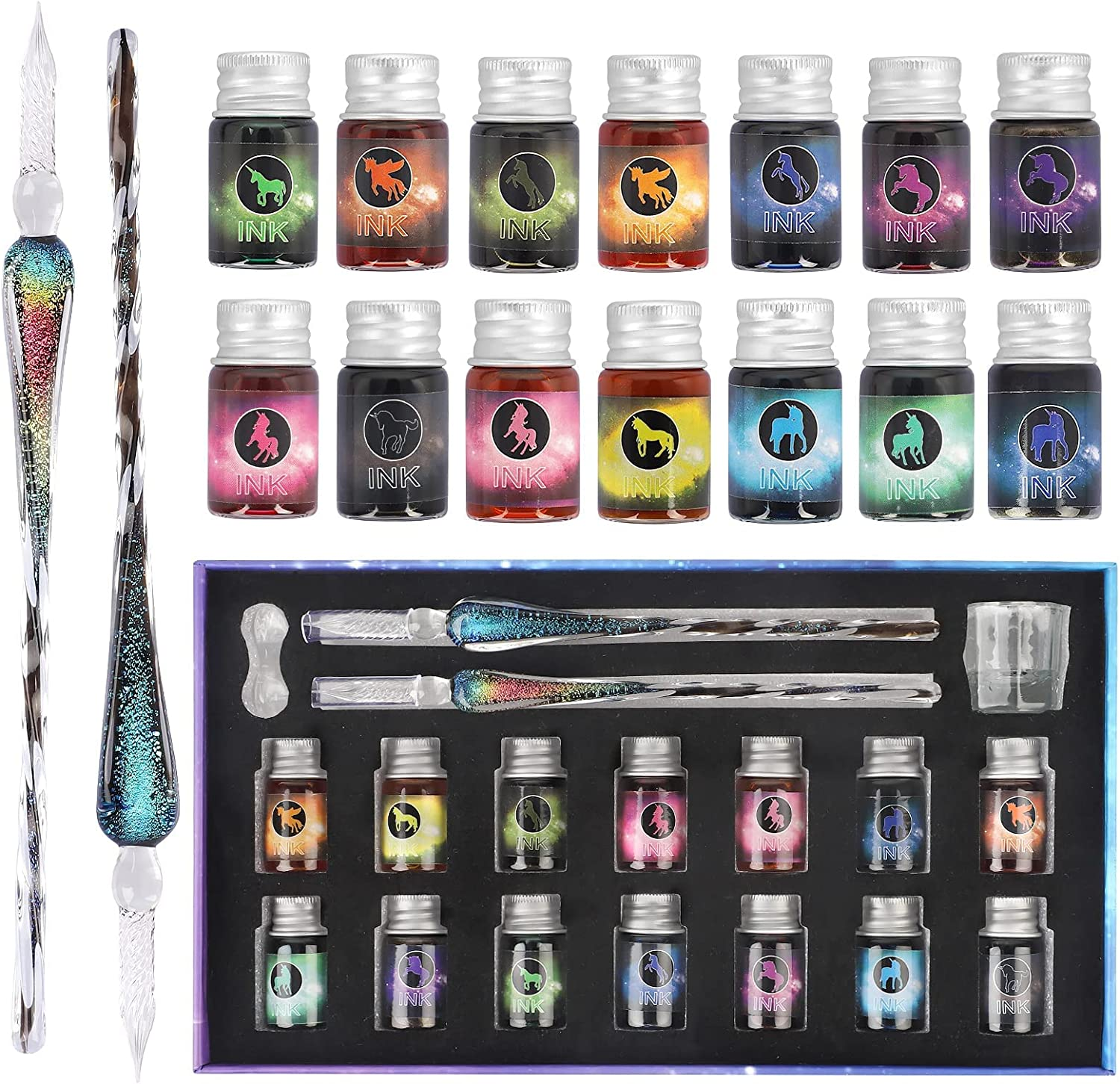 Glass Dip Pen Set,Calligraphy Pens for Beginners,Ink Pen, Writing, Signatures, Calligraphy, Decoration, Gift with Two Art Pen (Colorful)