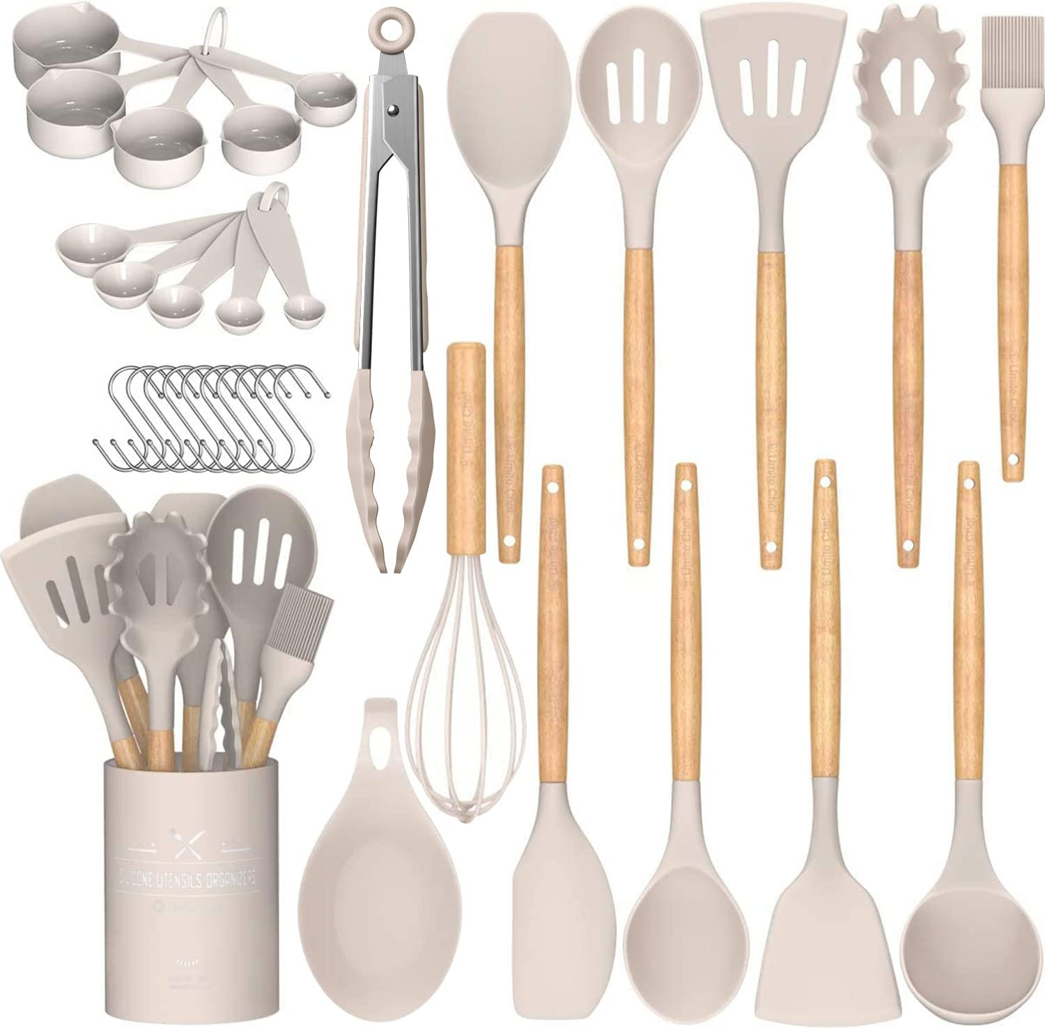 Kitchen Cooking Utensils Set 33 Pcs Non-Stick Silicone with Holder Wooden Handle