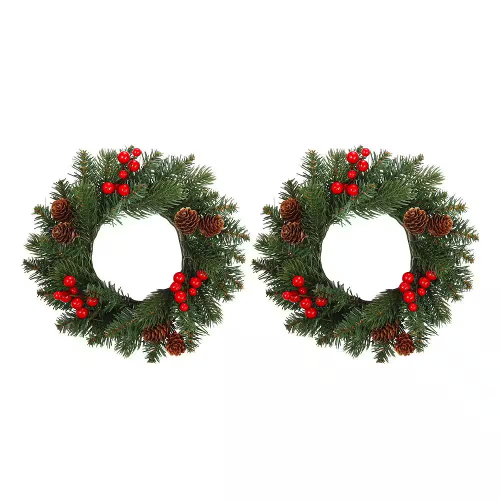 11 In. Green Unlit Adjustable Classic Artificial Christmas Wreath Candle Ring with Red Berries and Pine Cones (2-Pack)