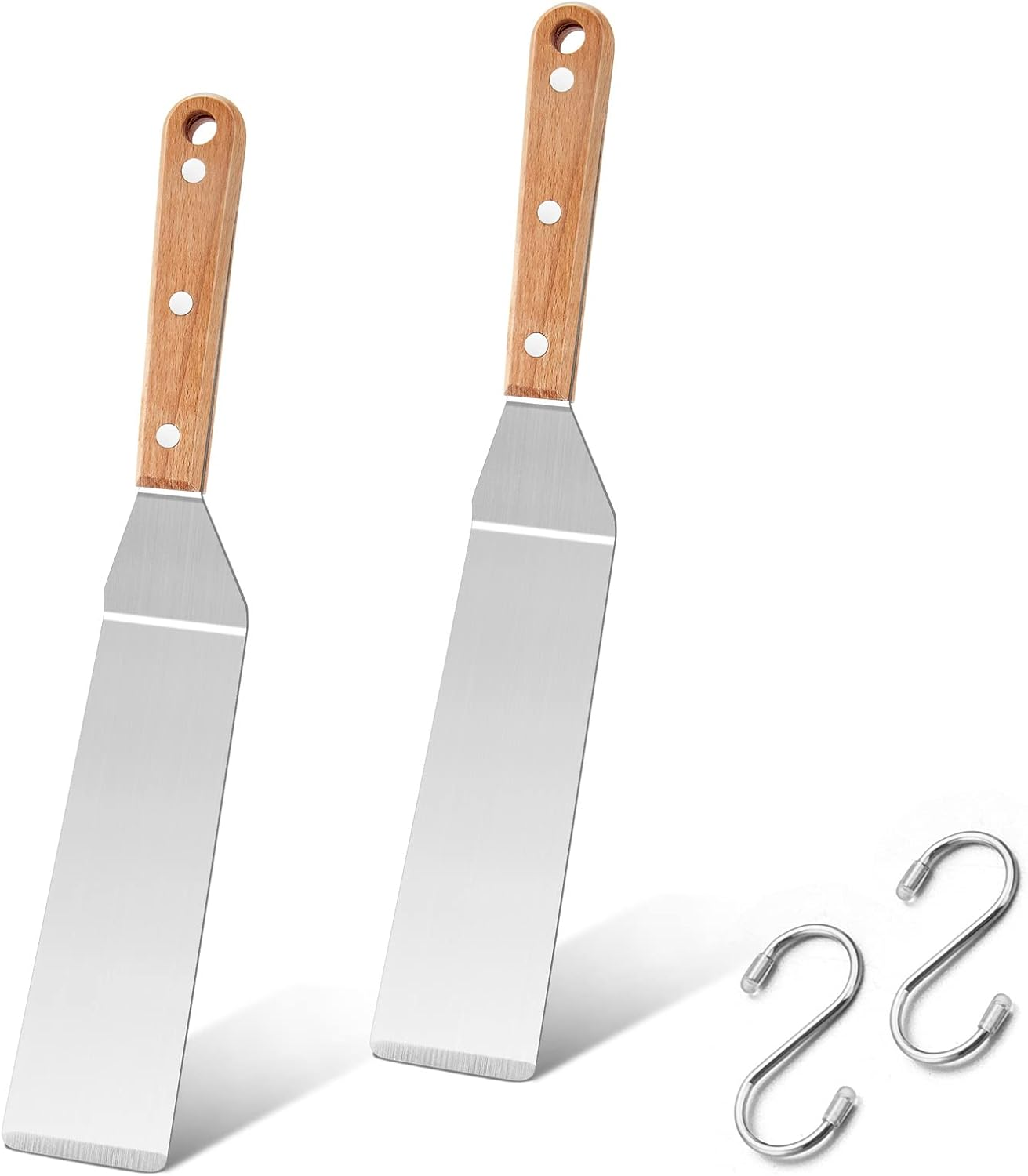 Metal Spatula Set of 2, Hasteel 12In Long Stainless Steel Griddle Spatula, Heavy Duty Narrow Pancake Flipper Burger Turner for Teppanyaki Flat Top Hibachi Indoor Outdoor, Wooden Handle & Easy to Clean