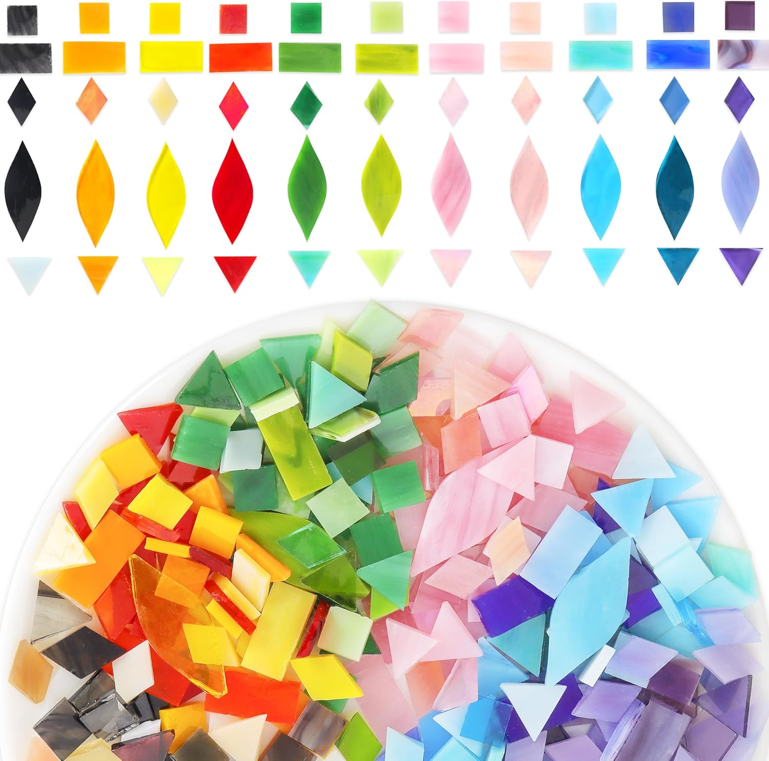 Mosaic Glass Pieces Tiles for Adults: LATIIZ 320Pcs Rainbow Color Mixed 5 Shapes Stained Glass Bulk for Beginner Artist - Mosaics Kit for Making Art Project Craft DIY Lamp Vase Coaster Stepping Stone