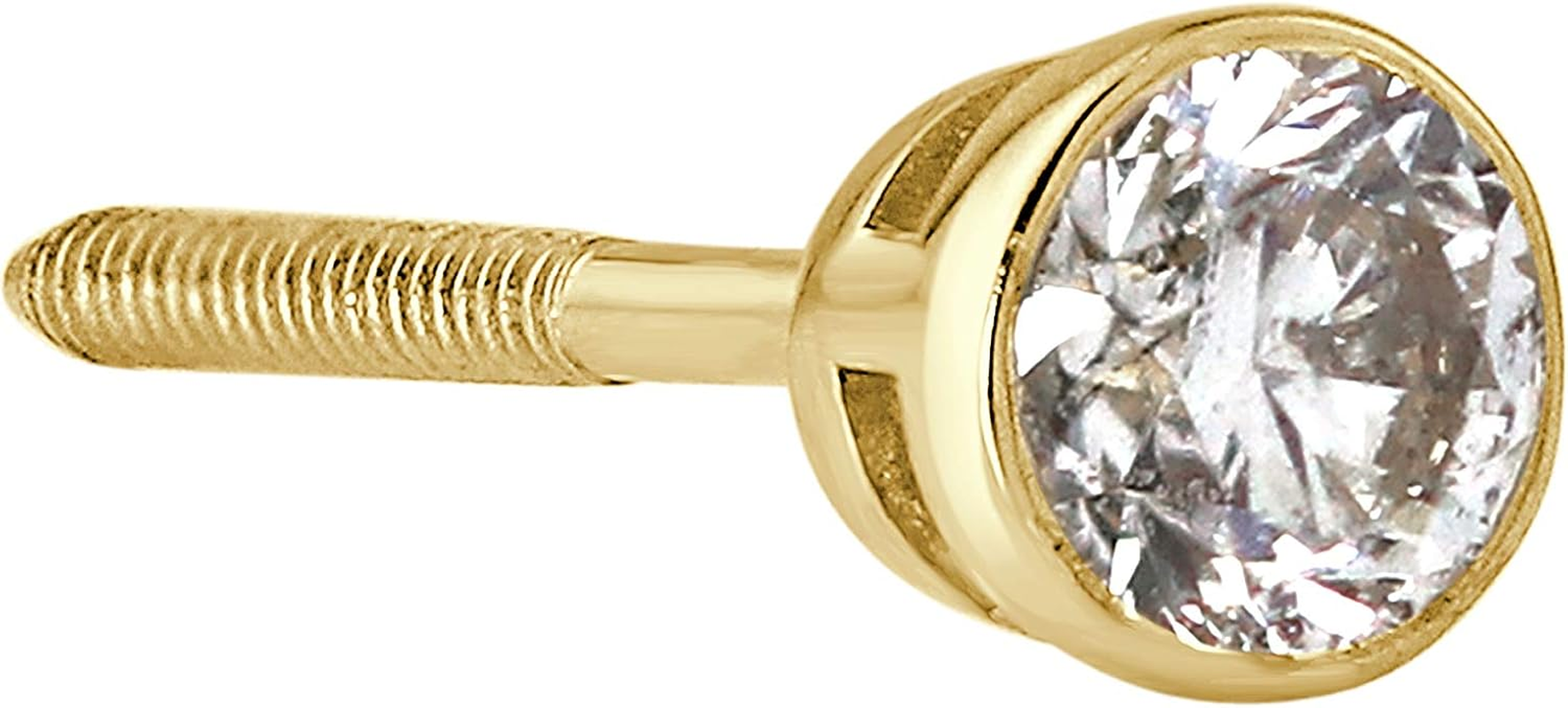 1/8 Carat round Diamond Single Stud Earring in 14K Yellow Gold (H-I, I1-I2, Cttw) Bezel Set Screw Back