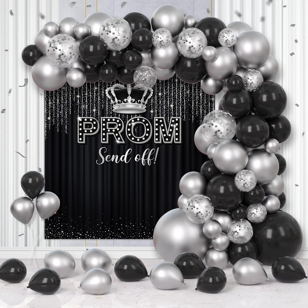 125 PCS Prom 2026 Party Decorations Black Silver Prom Send off Graduation Balloon Garland Arch Kit with Banner Congrats Grad Class of 2026 Graduation Party Decorations Supplies