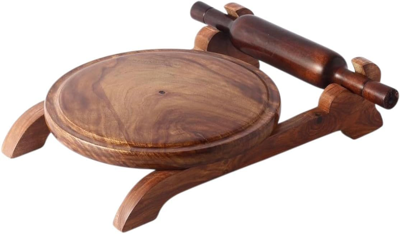 Handcrafted Sheesham Wooden Chakla Belan Set with Stand for Roti, Chapati, Rolling Board and Rolling Pin Combo, round Dough Board for Cooking