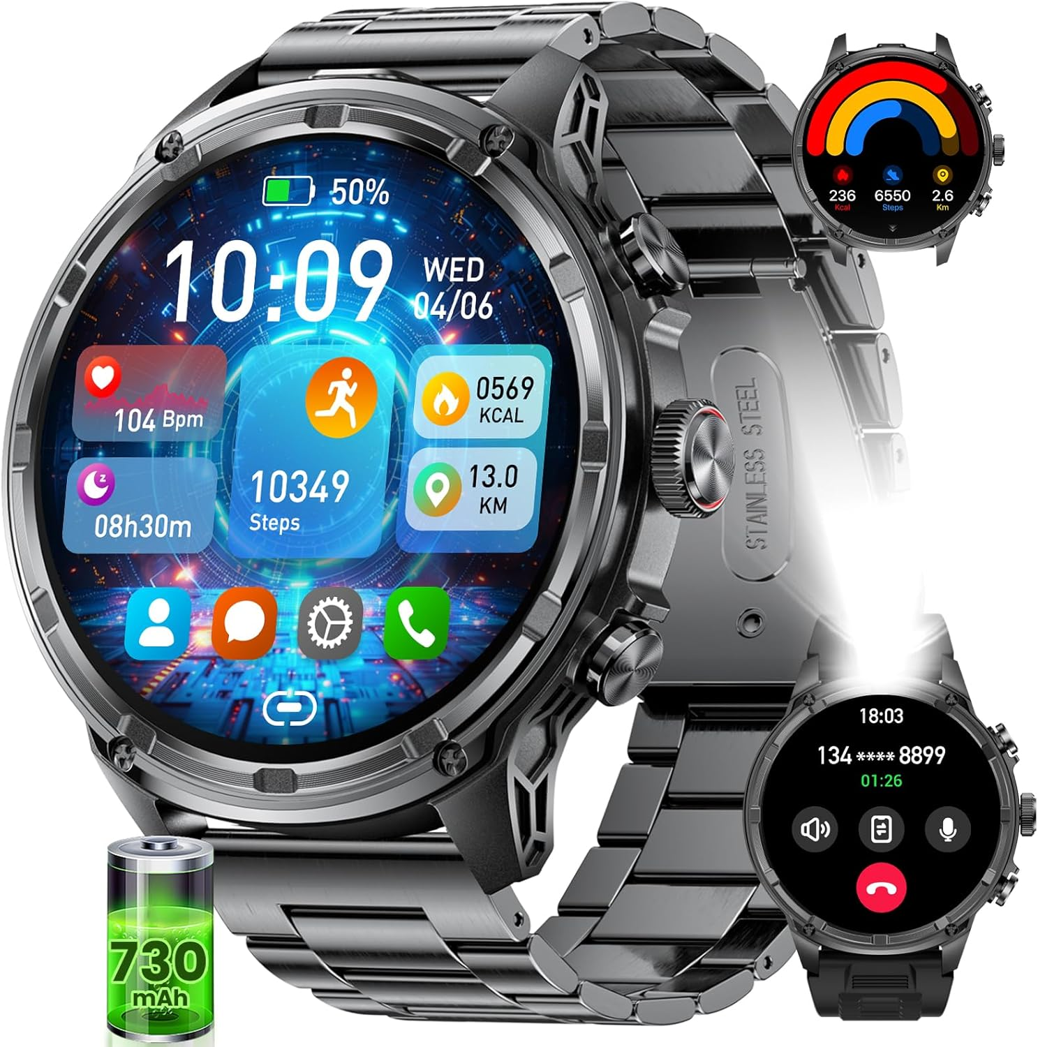 Smartwatch Herren,1.85‘’ HD Großes Display/710 Mah Akku Sportuhr Herren Mit Taschenlampe/120+ Sportmodi,5Atm Wasserdicht Fitnessuhr Mit Herzfrequenz,Schlafmonitor Für Android Ios Metallarmband