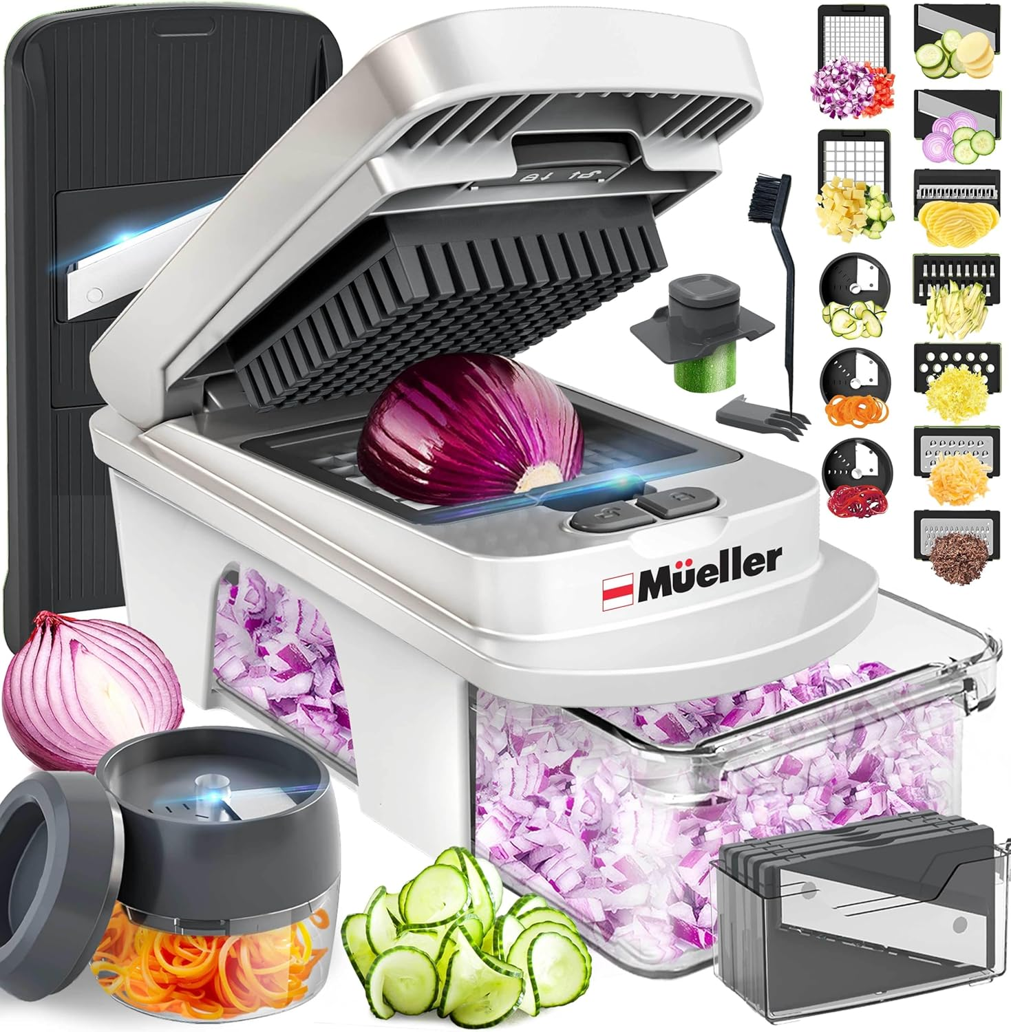 Pro-Series All-In-One, 12 Blade Mandoline Slicer for Kitchen, Food Chopper, Vegetable Slicer and Spiralizer, Cutter, Dicer, Grater, Kitchen Gadgets Sets with Container, White Sand/Gray