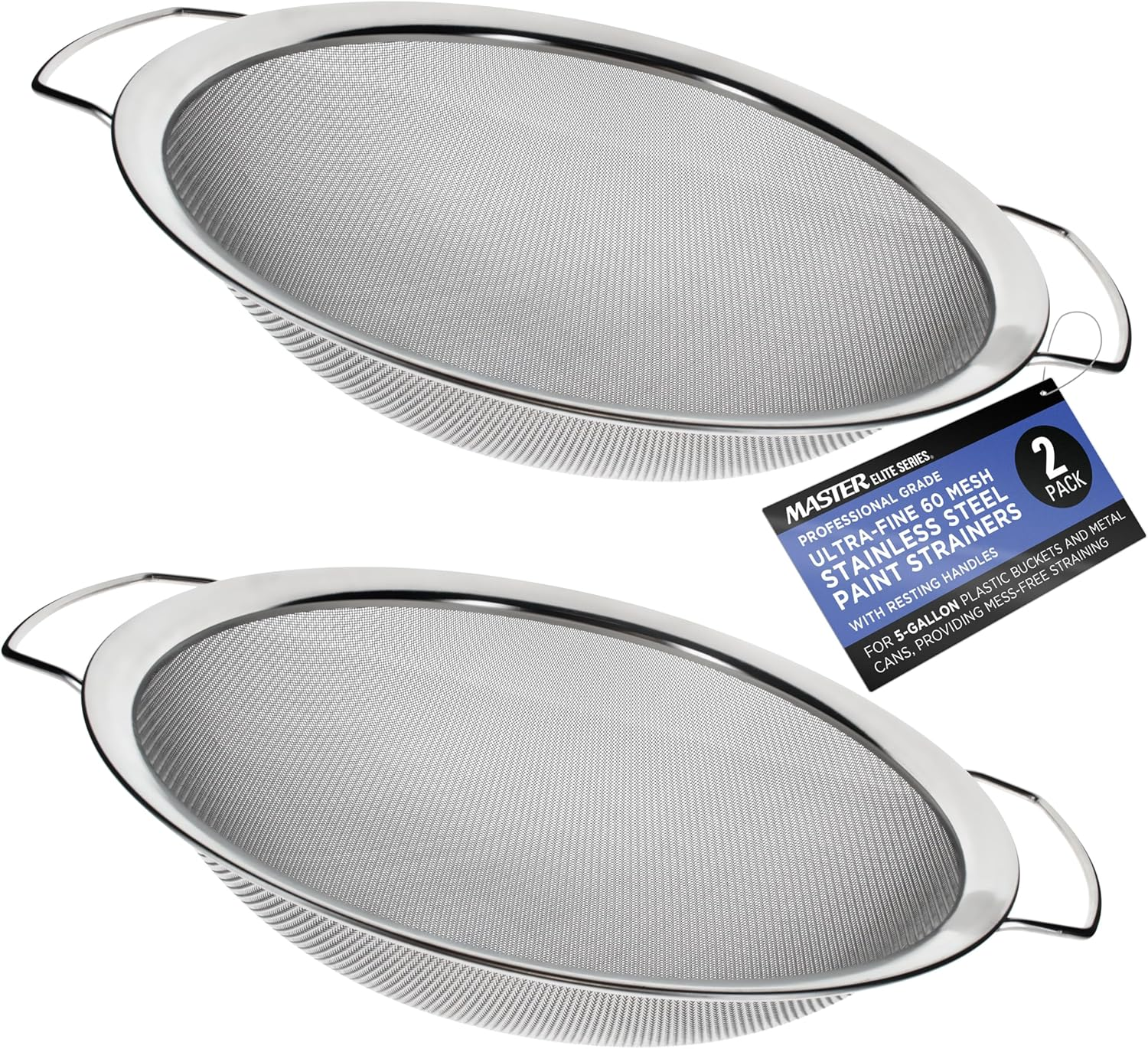 Master Elite 60 Mesh Stainless Steel Paint Strainer, 2 Pack - Fits over 5 Gallon Paint Bucket Cans, Strains Filters Removes Debris, Particles, Impurities from Coating and Liquids - Drain, Rinse Food
