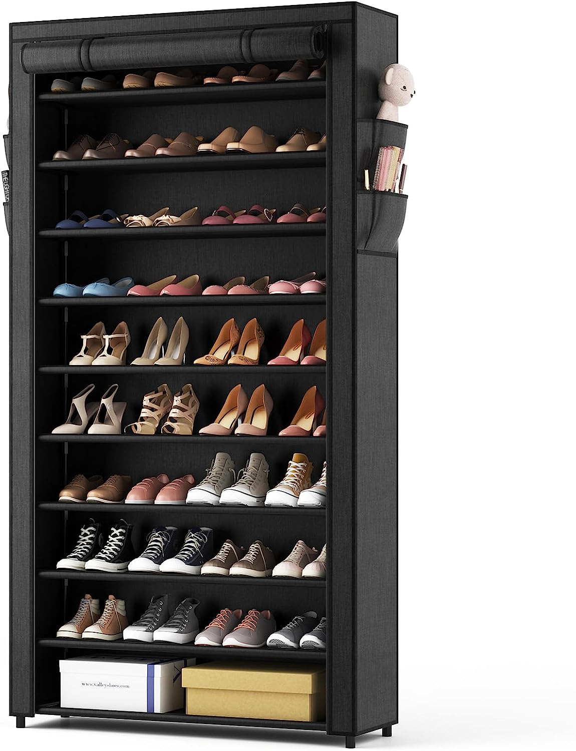 ROJASOP 10 Tier Shoe Rack with Covers,Large Capacity Stackable Tall Shoe Shelf Storage to 50-55 Pairs Shoes and Boots Sturdy Metal Free Standing Shoe Rack Organizer for Closet Entryway Garage
