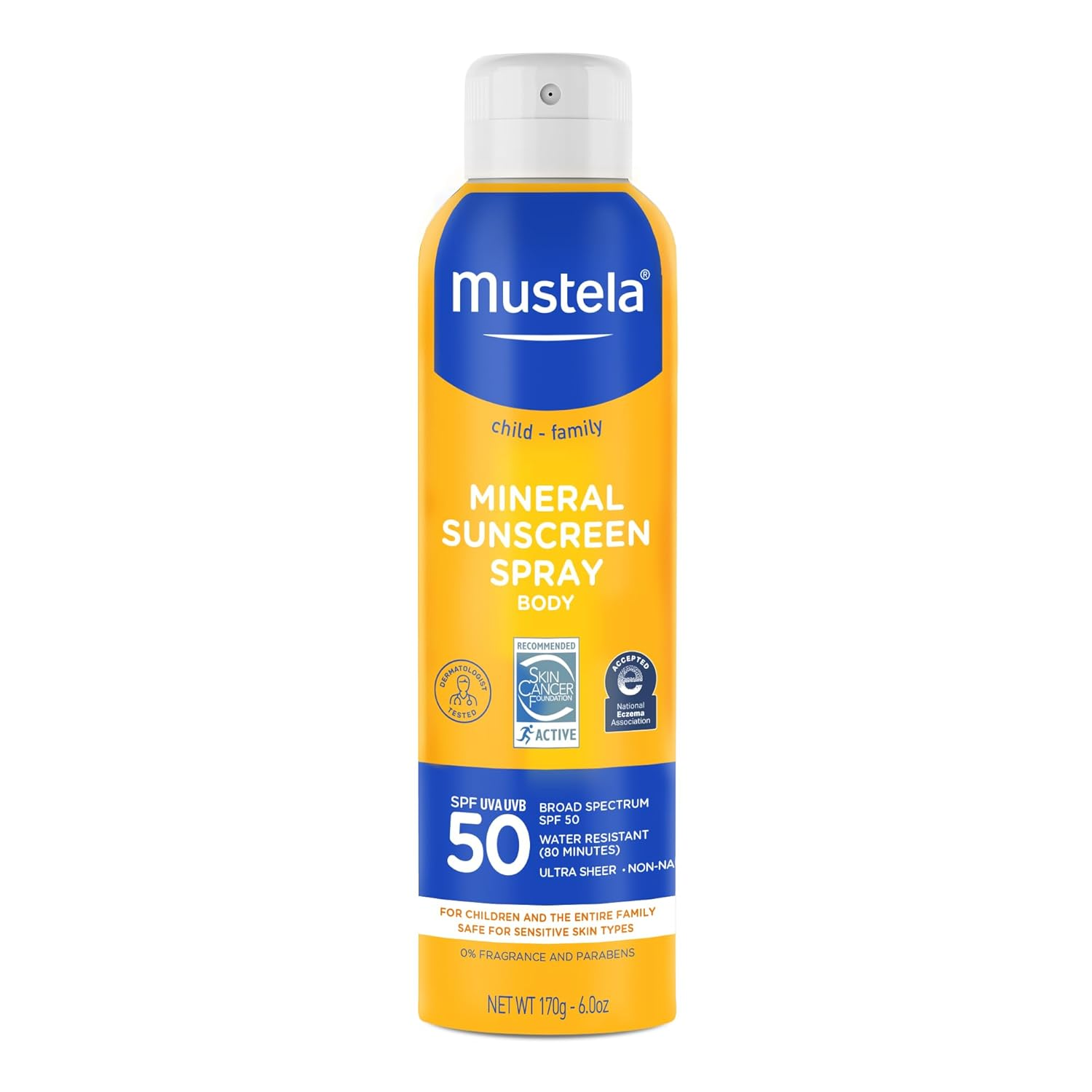 Mustela Baby Mineral Sunscreen Spray SPF 50 Broad Spectrum - Body Sun Spray for Sensitive Skin - Water Resistant & Fragrance Free - 6 Fl.Oz.
