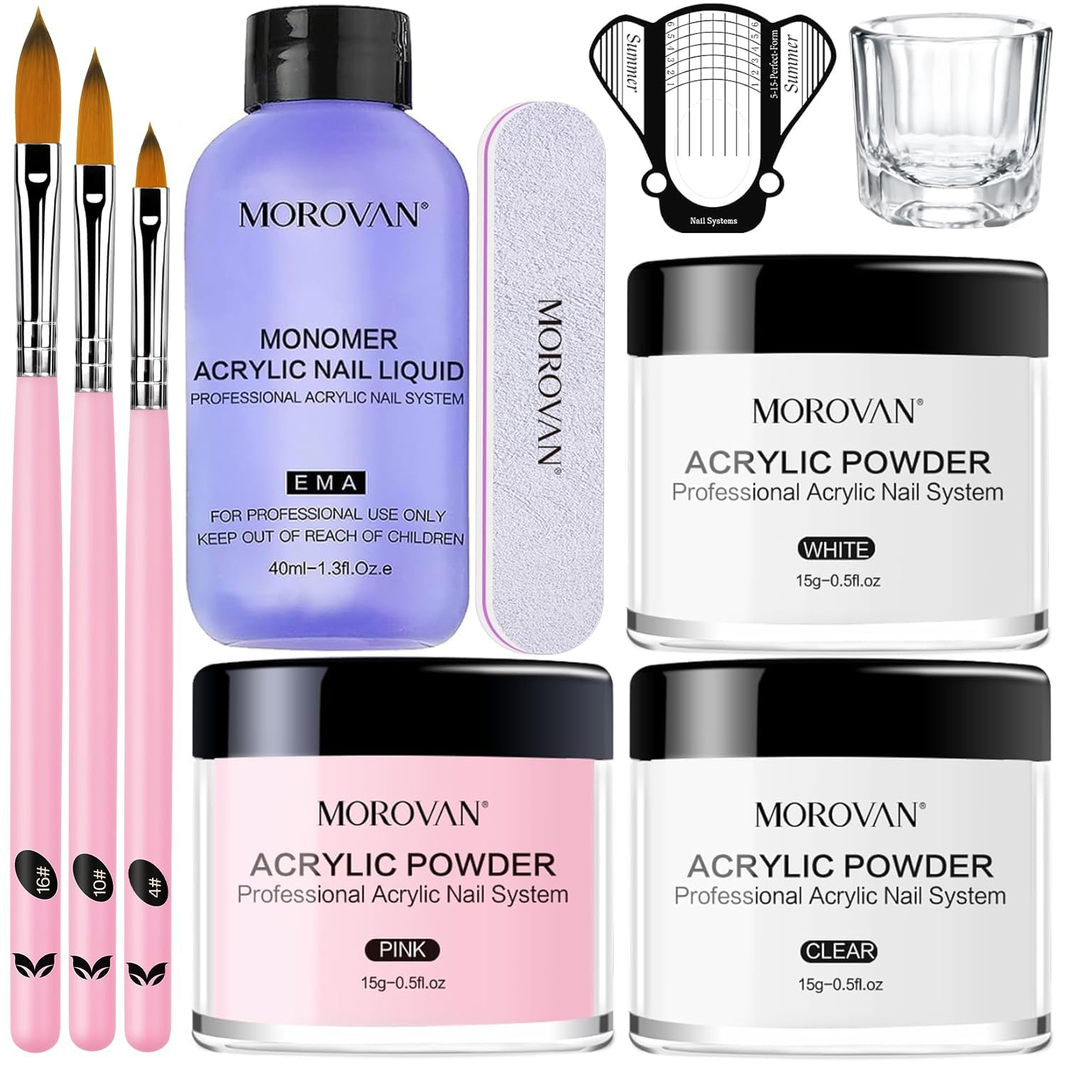 Morovan Acrylic Nail Kit: Clear Pink White Powder and Professional Liquid Set for Nail Extension - DIY at Home with Brush for Beginners