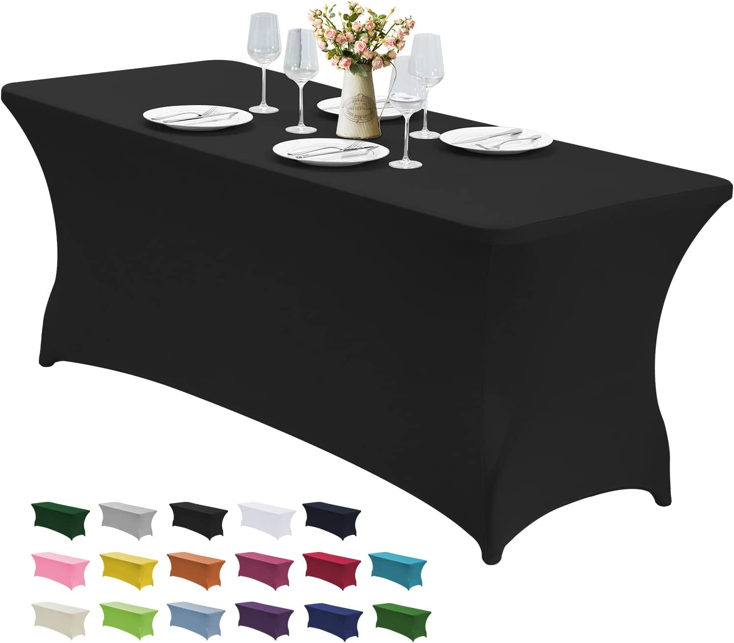 6FT Waterproof Stretch Spandex Table Cover for Rectangular Tables - Elastic Fitted Tablecloth for Folding Tables,Wrinkle Resistant Table Cloth for Parties, Weddings, Banquets & Events (Black)