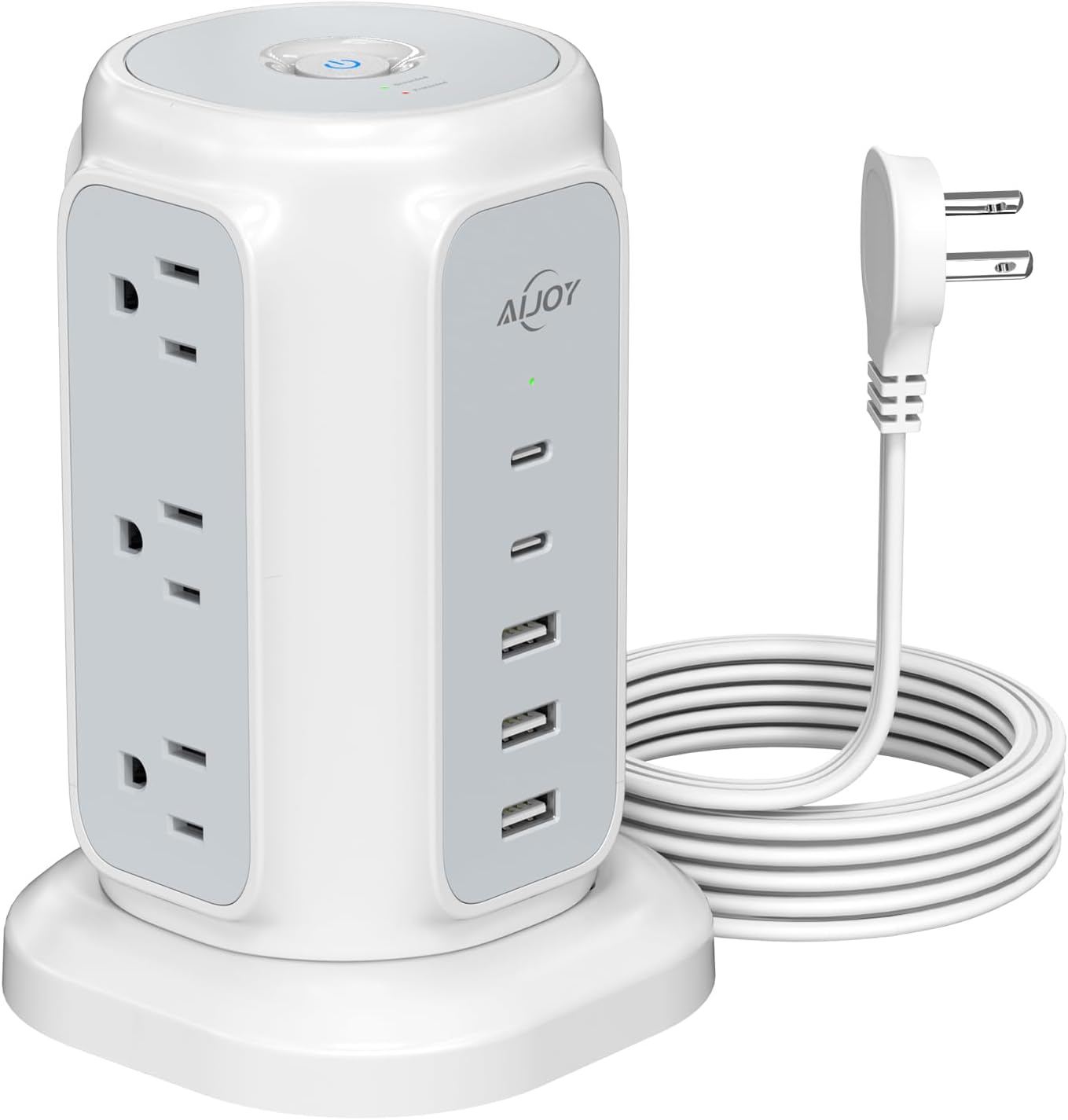 Flat Plug Power Strip Tower with 9 Outlets and 5 USB Ports (2 USB C), Aijoy 1200J Surge Protector Tower with 6.5 Feet 1625W/13A Extension Cord with Multiple Outlets for Home Office Dorm