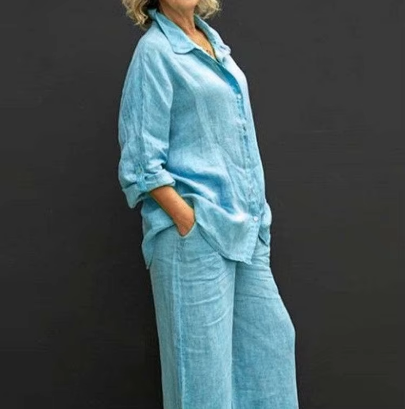 Hot Selling New Women'S 2 Piece Linen Co-Ord Set Oversized Loose Fit Long Sleeve Shirt Wide Leg Pants