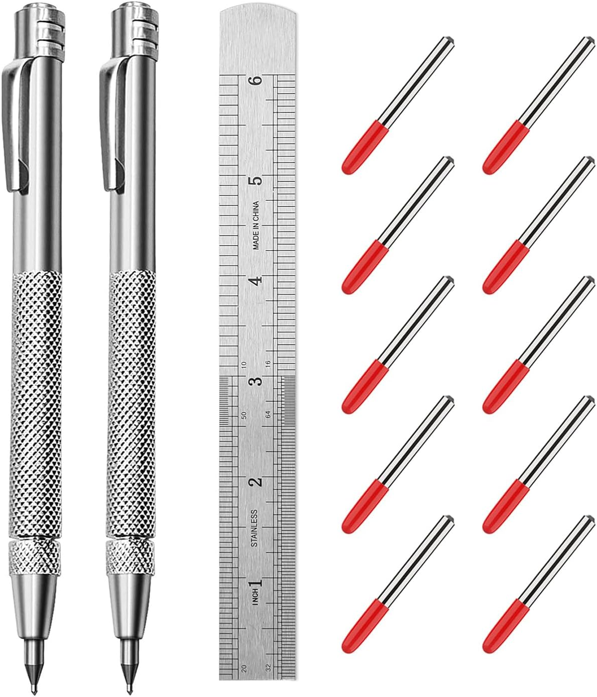2 Pack Tungsten Carbide Tip Scriber Tool with 10 Refills 1 Ruler, Metal Scribe Scriber Marking Tools with Magnet, Premium Etching Engraving Pen for Metal Sheet/Glass/Wood/Leather