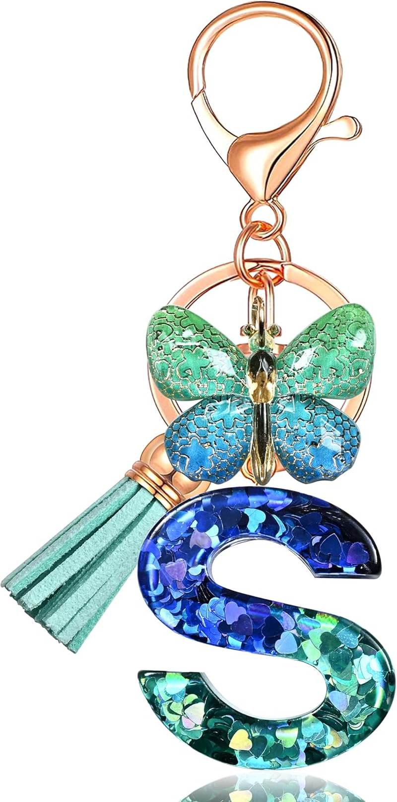 Initial letter Keychains for Women Tassel Butterfly Pink Purple Cute Car Keychain for Wallet Backpack bag charm