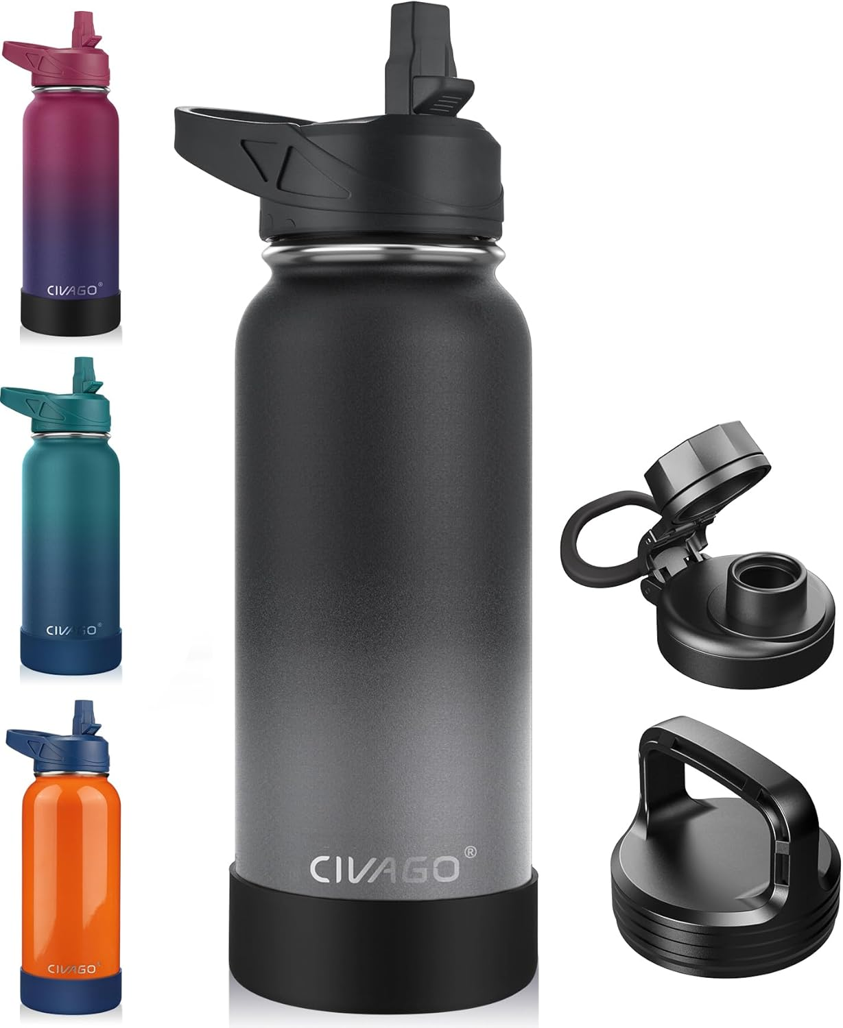 32 Oz Insulated Water Bottle with Straw, Stainless Steel Sports Water Cup Flask with 3 Lids (Straw, Spout and Handle Lid), Wide Mouth Travel Thermal Mug, Classic Omber Gray