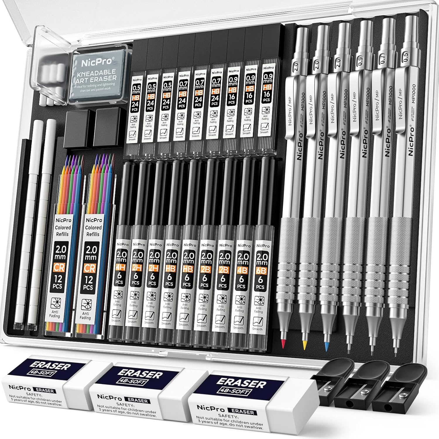 35PCS Silver Metal Mechanical Pencils Set in Case, Art Drafting Pencil 0.5, 0.7, 0.9 Mm & 3PCS 2Mm Graphite Lead Holder for Drawing Sketching with 20 Tube Lead Refills(6B 4B 2B HB 2H 4H Colors)