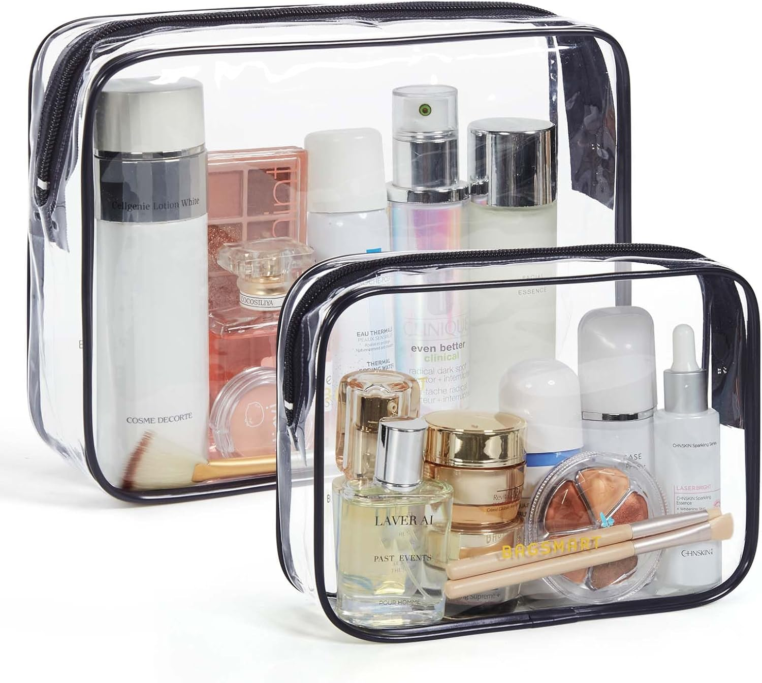 BAGSMART Clear Toiletry Bag, 2 Packs TSA Approved Water Resistant Quart Size Travel Organizer, 2 Sizes Airport Airline Travel Essential Carry on Makeup Cosmetic Bags for Women, Black