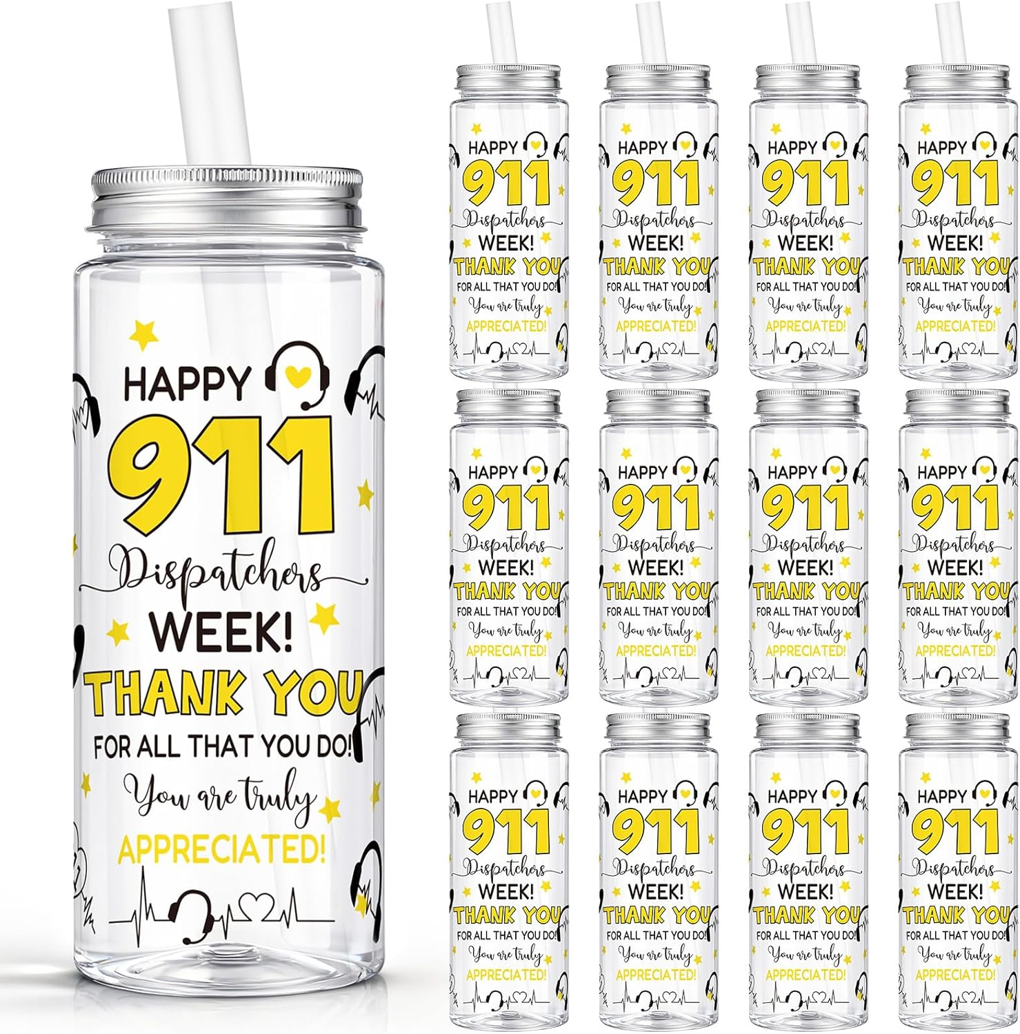 24 Pcs 911 Dispatch Appreciation Week Reusable Tumblers with Lids and Straws