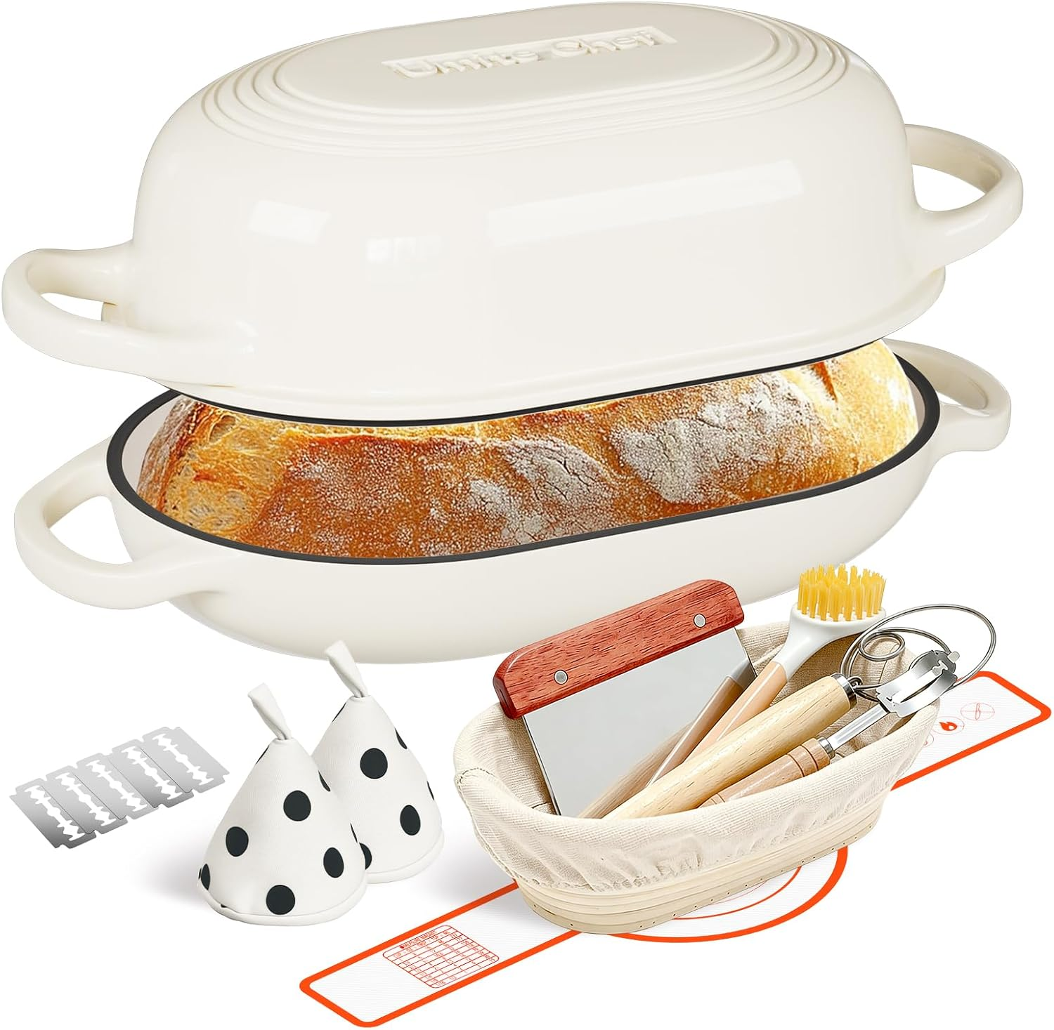 Enameled Cast Iron Dutch Oven for Bread Baking - Incl. Sourdough Bread-Baking Supplies like Banneton Bread-Proofing Basket - 5QT Loaf Cast Iron Bread Oven Pan& Meatloaf Pan with Lid, Sour Sough Tools, Lame (Cream White）