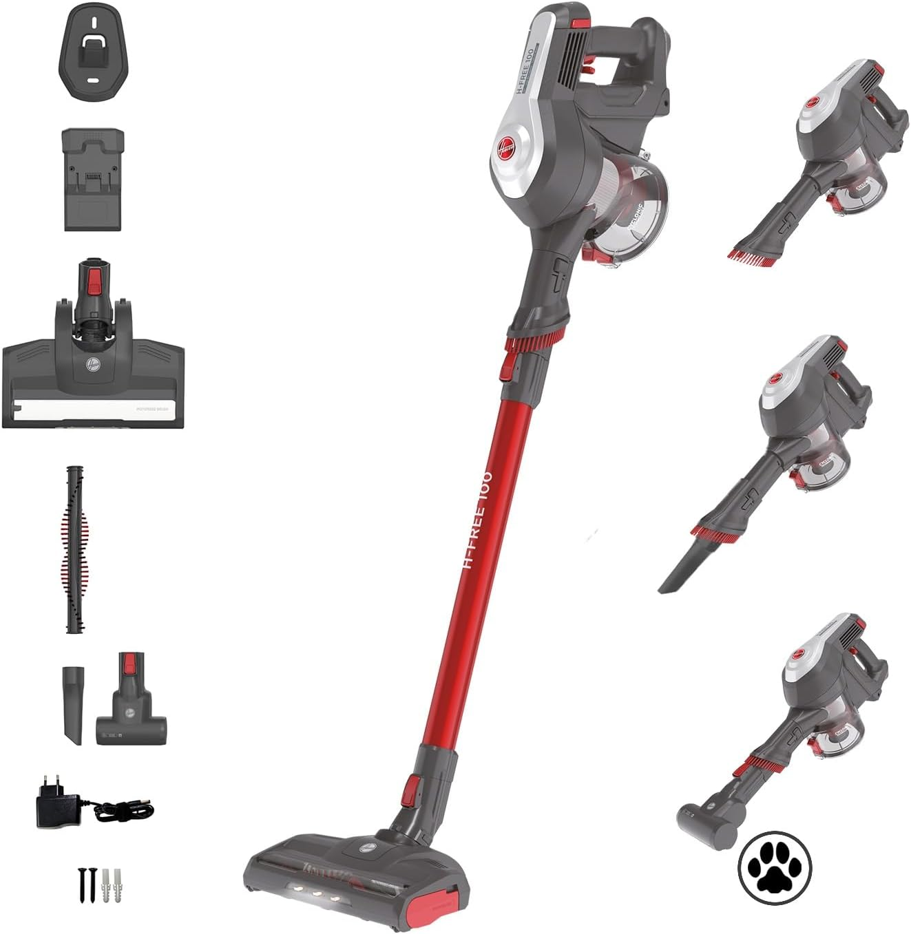 Hoover H-FREE 100 HF122GPT 011 Aspirapolvere Elettrica Senza Fili, Senza Sacco, 170W, 0,9 L, Ciclonico, Mini Turbo Spazzola, Autonomia 40 Min, Rosso