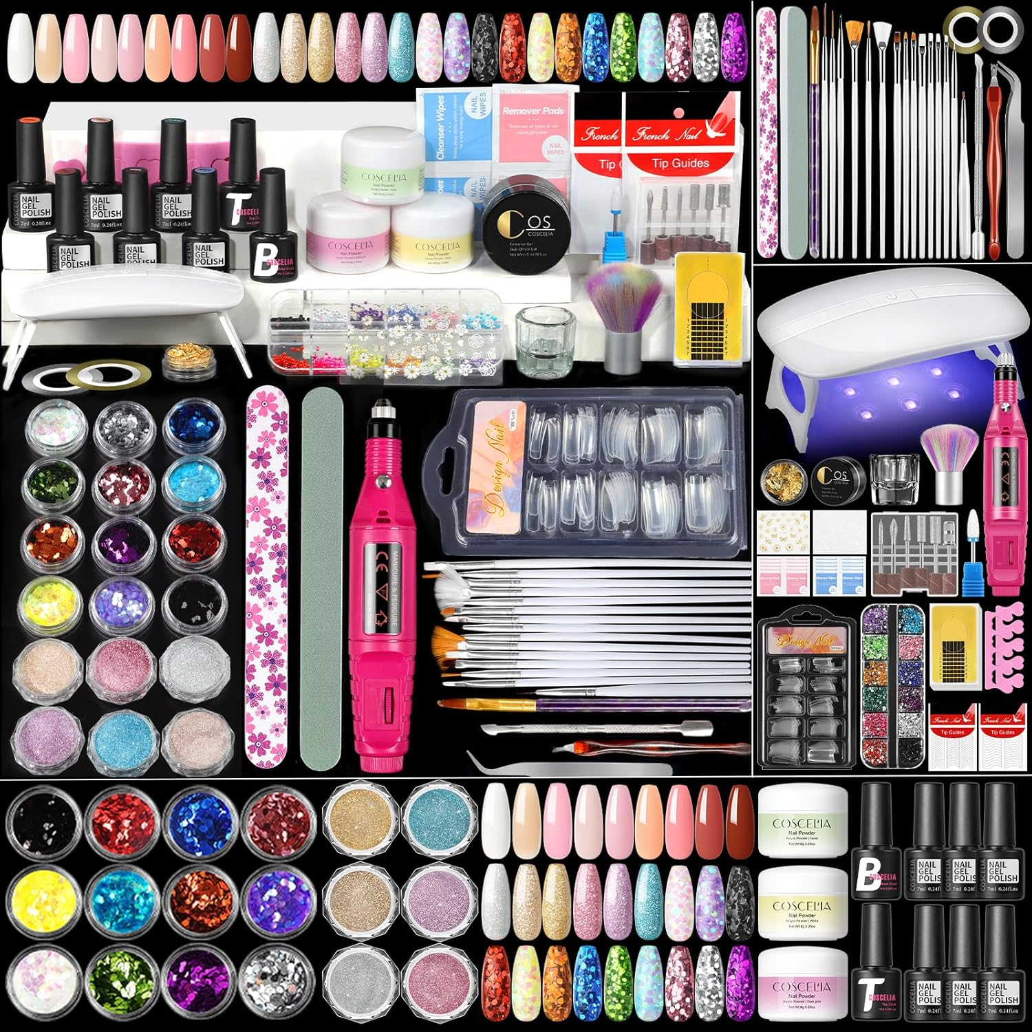 Acrylic Nail Kit for Beginners with Everything Professional 3Pc Acrylics Powder 6Pcs Gel Nail Polish 18Pcs Glitter Decoration Powder Nails Kit Acrylic Set with Tips Nail Light Drill Gifts