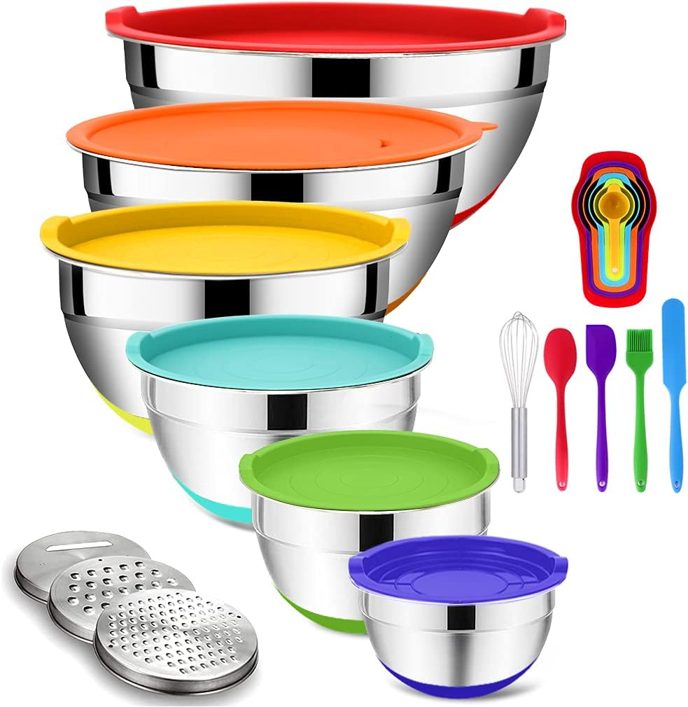 Mixing Bowls with Airtight Lids, 20PCS Stainless Steel Mixing Bowl Set, Nesting Bowls with 3 Grater Attachments & Non-Slip Bottoms, Size7, 4, 3, 2, 1.5, 1QT Bowls for Baking&Prepping