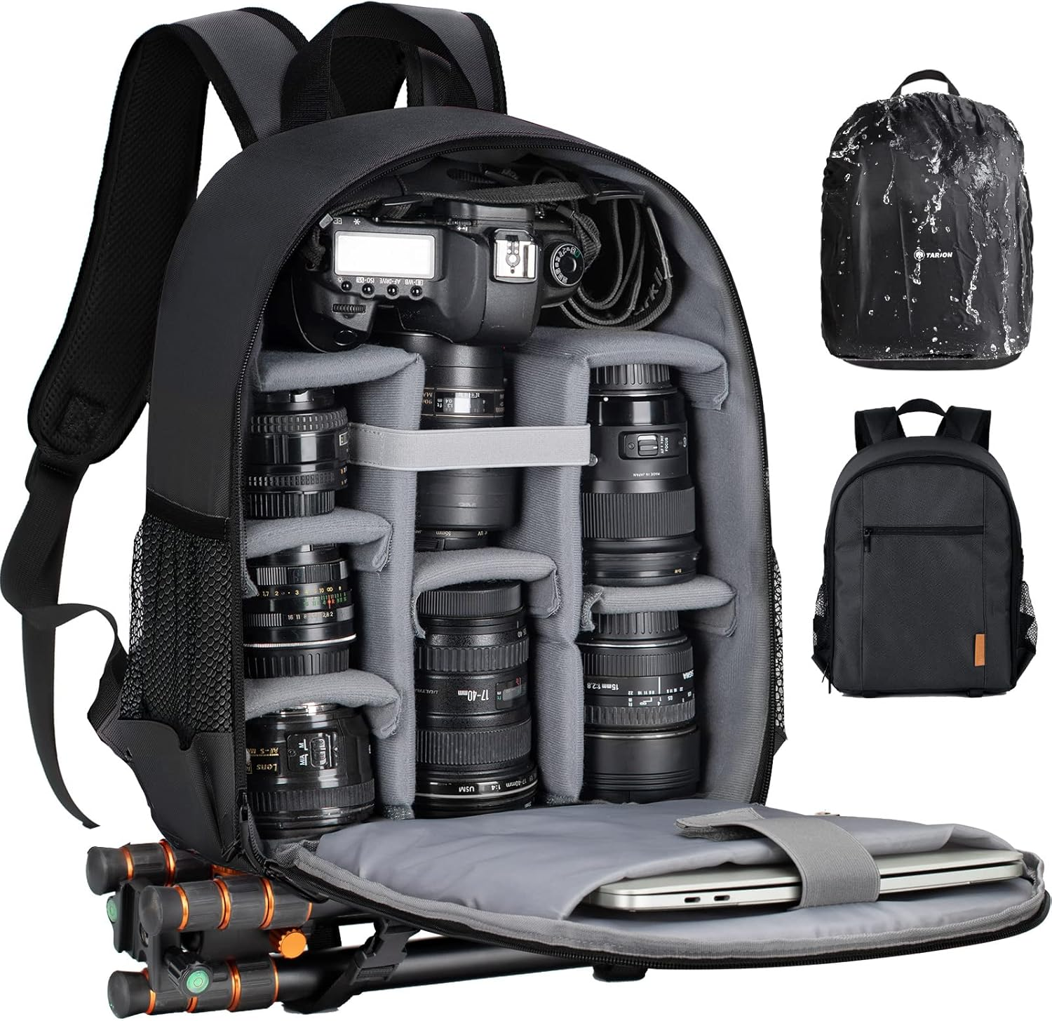Camera Backpack Bag Small - Professional DSLR Photography Case with 13 Inch Laptop Compartment & Waterproof Rain Cover & Bottom Tripod Holder for Men Women Photographers - Black TB-S