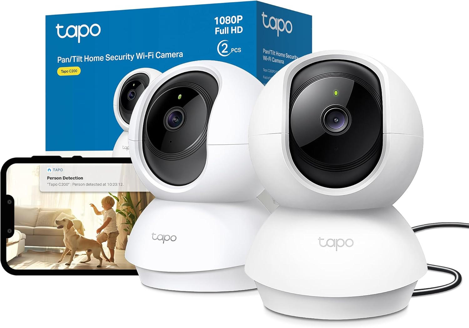 Tapo C200P2 2-Pack Full HD Indoor Security Camera Pet Camera House Security | 1080P Pan/Tilt Dog Camera, AI Detection, Baby Camera Monitor, Night Vision, Two-Way Audio, Works with Alexa, No Monthly Fee