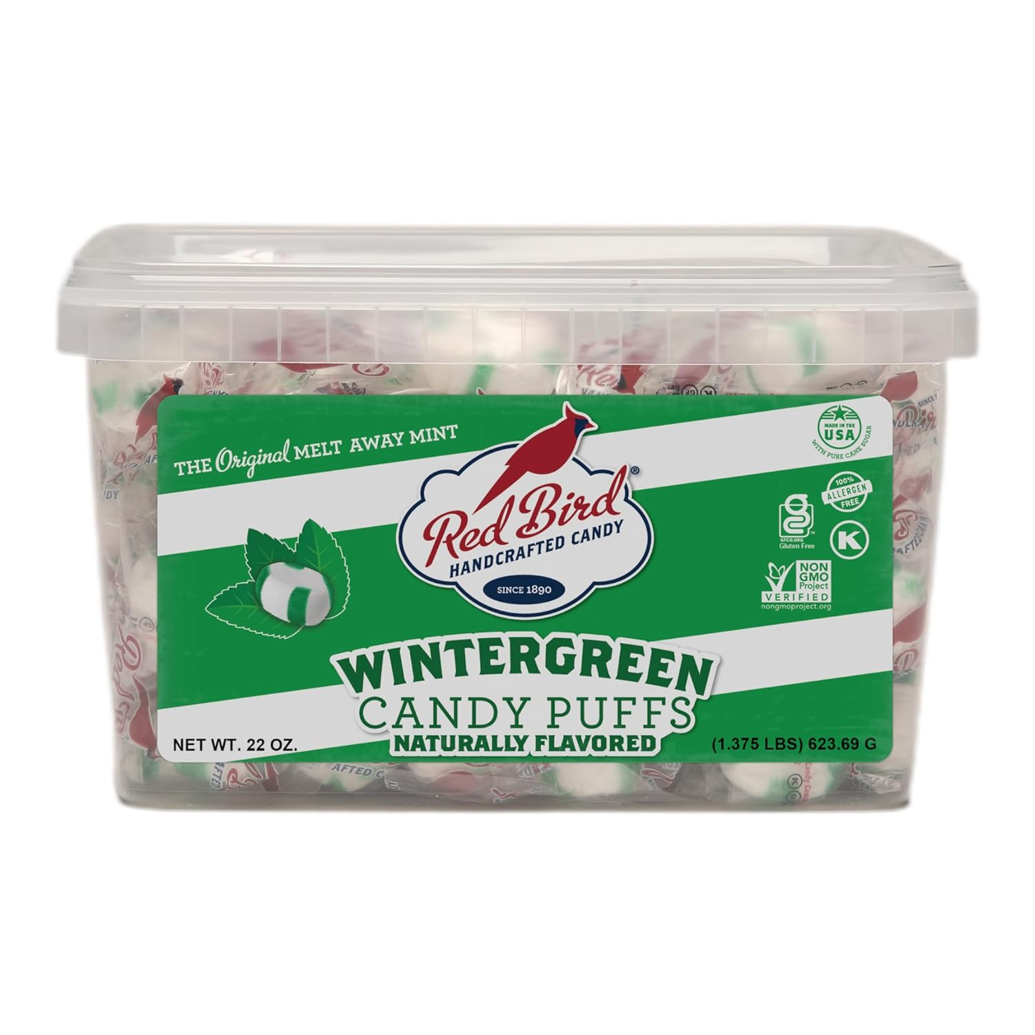 Red Bird Wintergreen Mints, Individually Wrapped Candy, Gluten Free Breath Mints, 22 Oz Tub