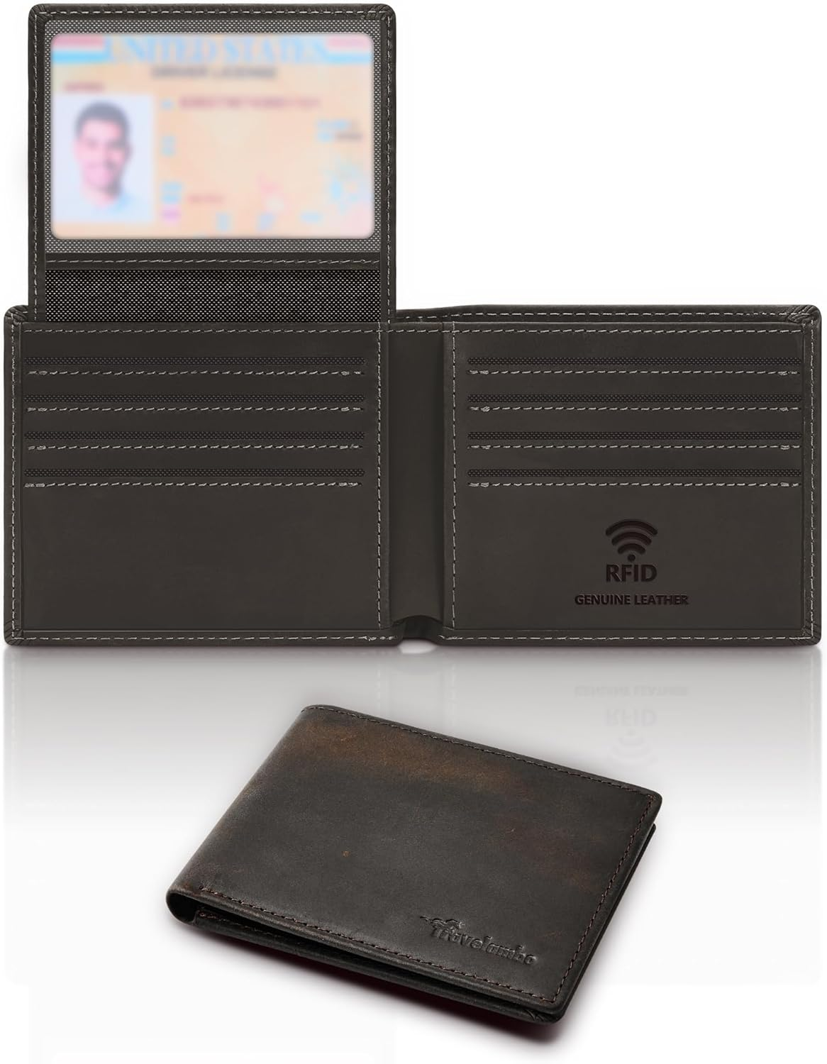 Cartera hombre cuero genuino bifold RFID con caja para regalo 2 ventanas ID