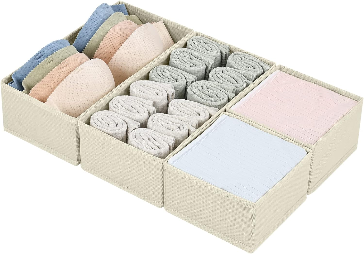 Drawer Organizers Clothes, Set of 4 Dresser Organizer Bins, Fabric Closet Organizers and Storage, Shallow Drawer Dividers for Nursery, Clothing, Baby Clothes, Socks, Underwears, Tie (Beige)