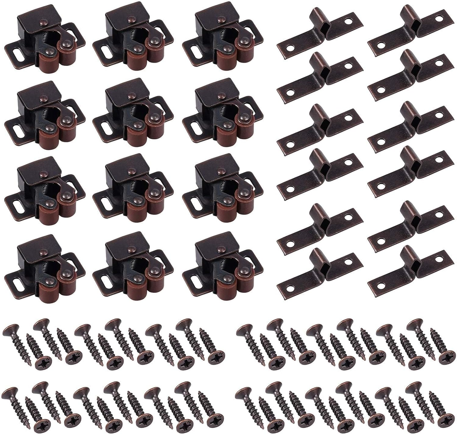 12 PCS Hardware Roller Catch, Double Roller Catch Brown Antique Copper, Cabinet Catch Door Latch with Installation Screws for Kitchen Cupboard Cabinet Drawer Closet