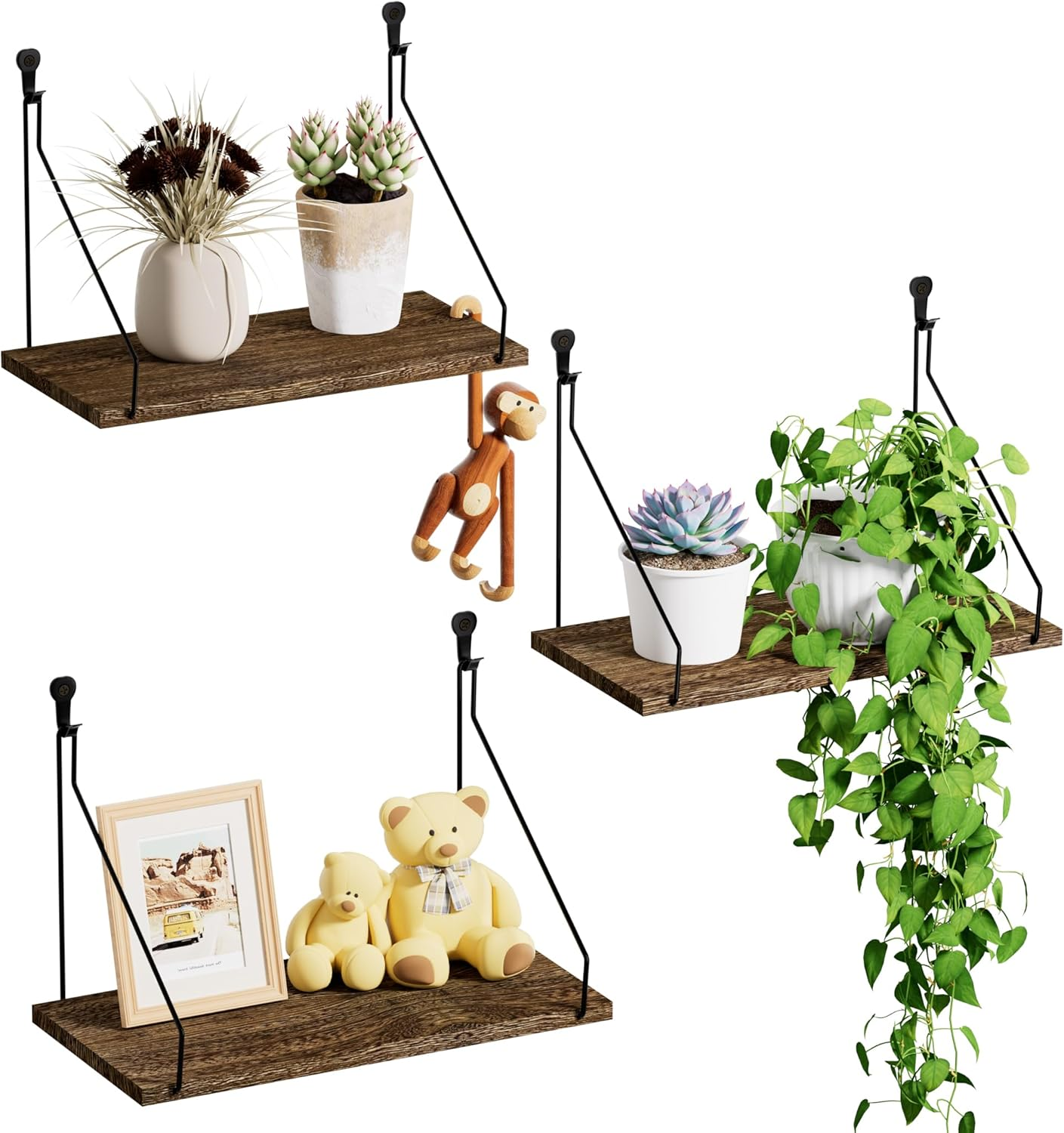 Elevate Your Space with Rustic Wood Floating Shelves Set of 3- Perfect for Bedroom, Living Room, Bathroom, and Kitchen Decor - Easy Installation, No Drilling Needed! Brown