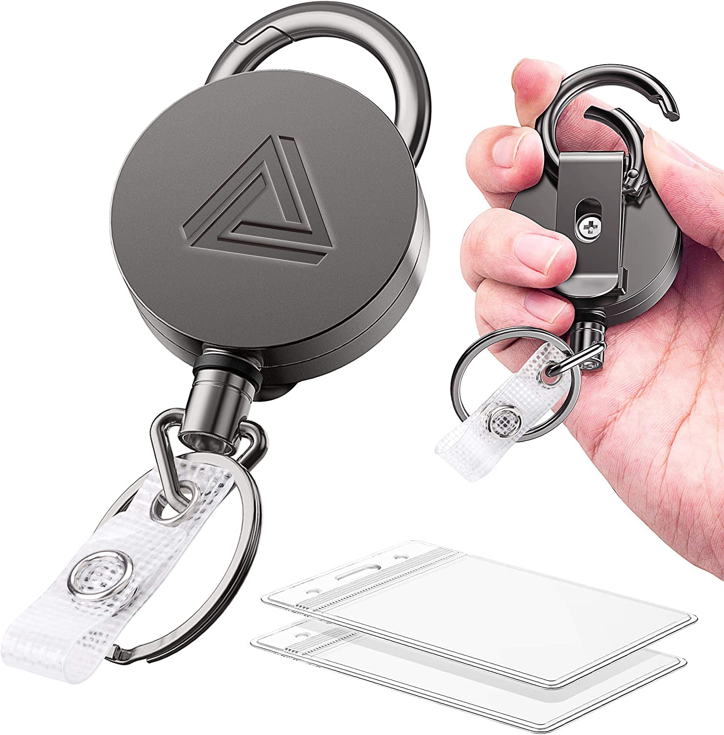 2 Pack Heavy Duty Metal Retractable Badge Holder Reel with Belt Clip Key Ring and Waterproof Vertical Clear ID Card Holder + 2 Extra Carabiner Key Chain Rings, 30 Inches Strong Dyneema Pull Cord