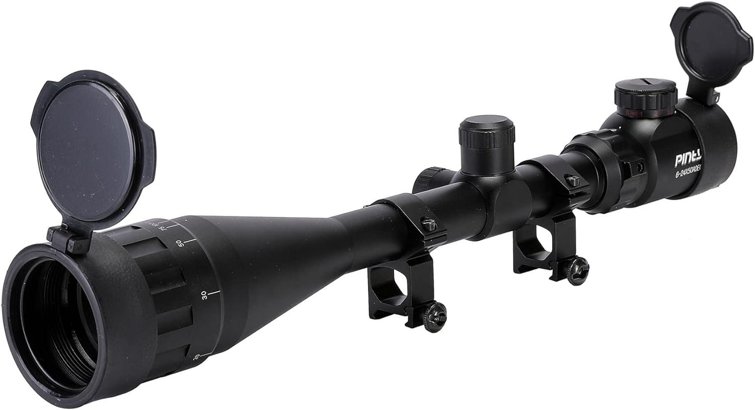 PINTY 6-24X50 Rifle Scope — AO Hunting Scope with Rangefinder Illuminated Optics Picatinny Mount Rings for Long Range Shooting Airsoft Sniper More — 1/8 MOA Gun Sight for Rifle or Crossbow