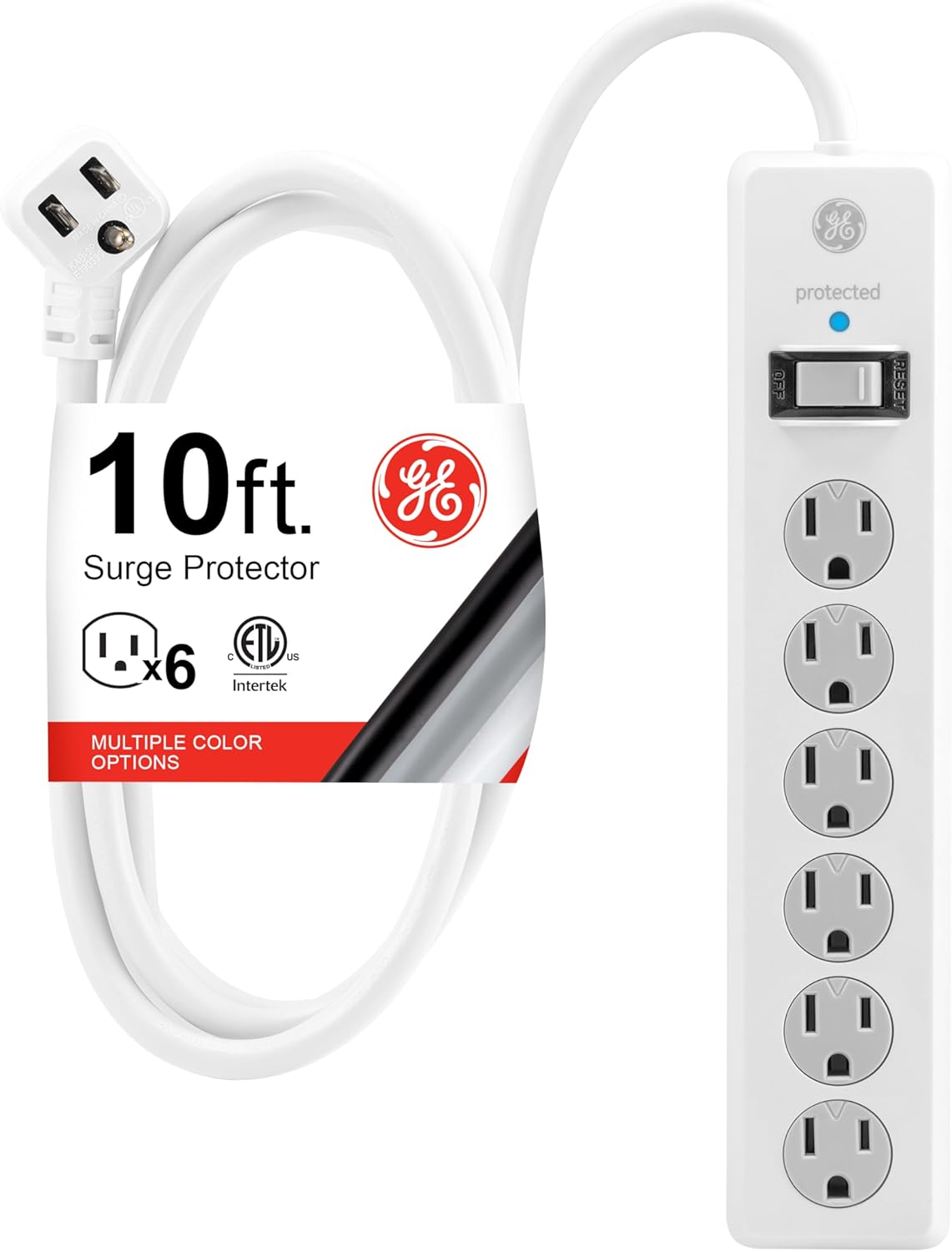 6-Outlet Sur Protector, 10 Ft Extension Cord, Power Strip, 800 Joules, Flat Plug, Twist-to-Close Safety Covers, Protected Indicator Light, UL Listed, White, 14092