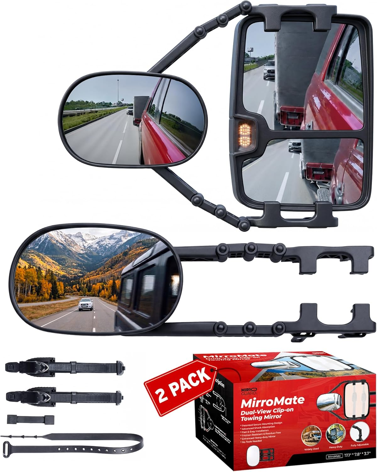 Extended Towing Mirrors, Adjustable Clip-On Tow Mirror Extenders with Removable Flexible Extension Arm, Tool-Free Side Mirror Extensions for Trucks, Suvs, Rvs, and Trailers