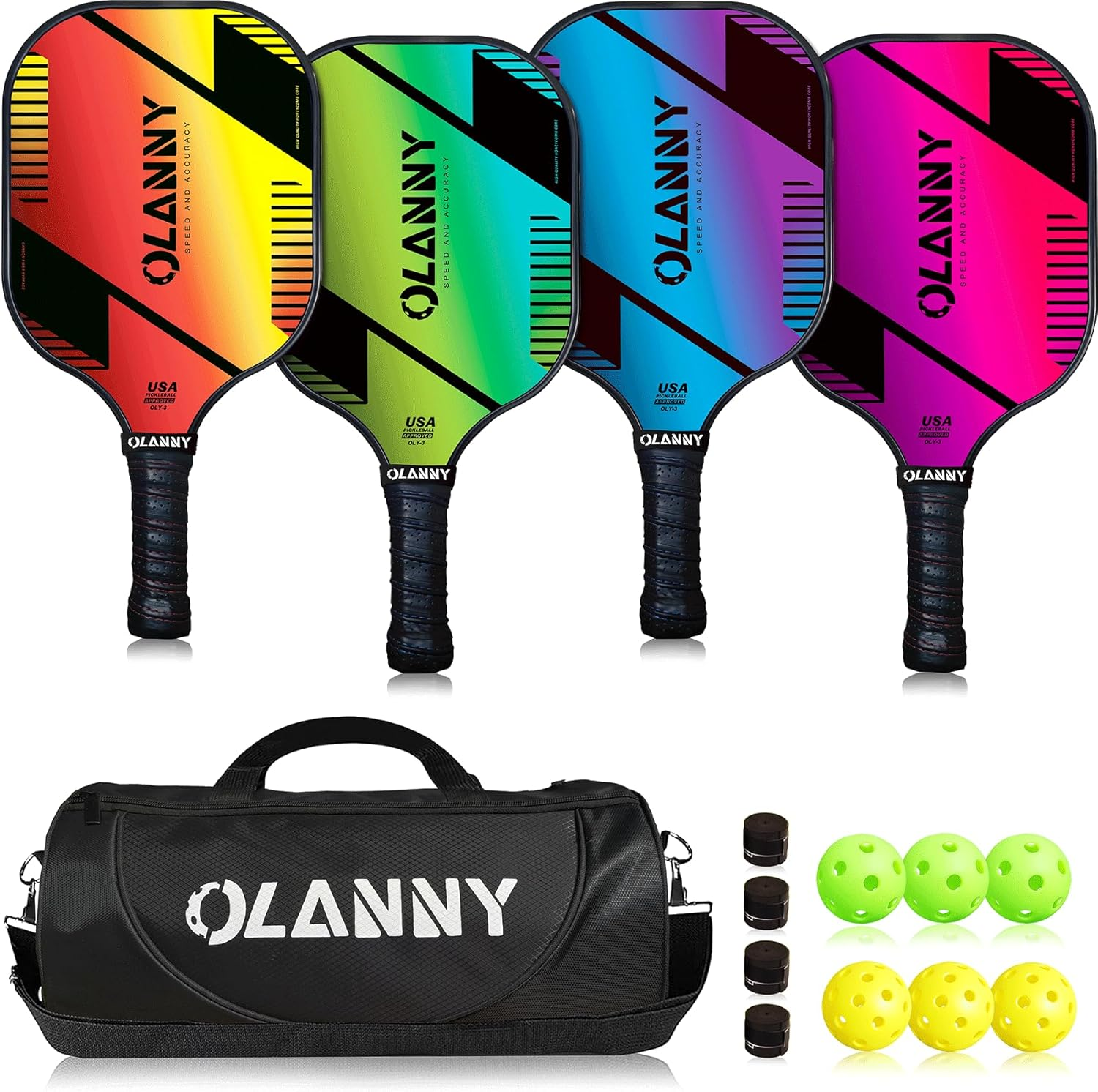 Graphite Pickleball Paddles 4 Pack - Premium Rackets Fiber Face & Polymer Honeycomb Core Pickleball Set Includes 4 Pickleball Paddles + Pickleball Balls+ 4 Replacement Soft Grip + 1 Bag