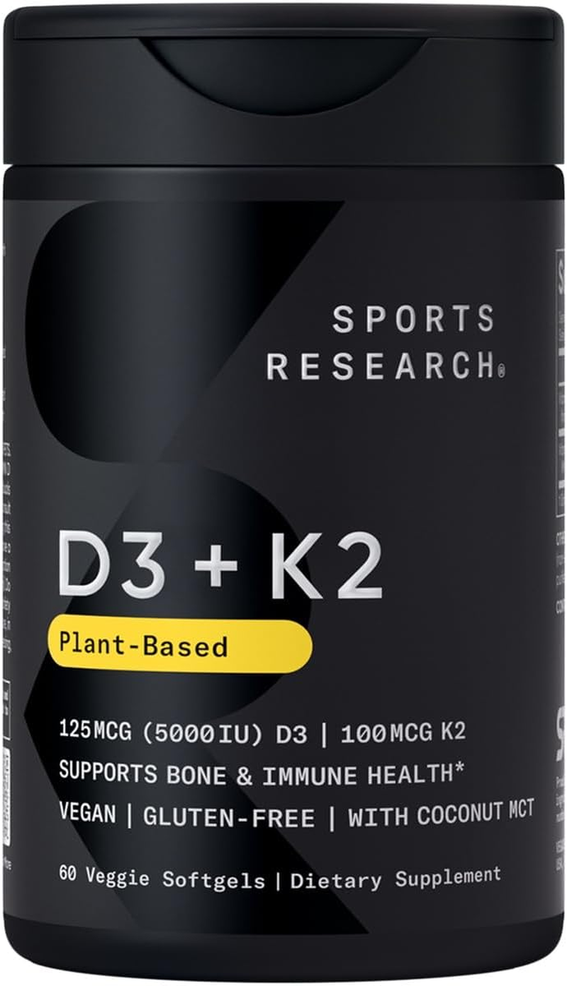 Sports Research® Vegan D3 5000Iu with Vitamin K2 100Mg - Formulated with Coconut MCT Oil - Vegan Certified, Soy & Gluten Free - 60 Softgels