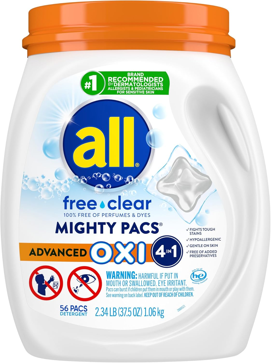 All Laundry Detergent Pacs, Mighty Pacs with OXI Stain Removers and Whiteners, Free Clear, Unscented and Dye Free, 56 Count