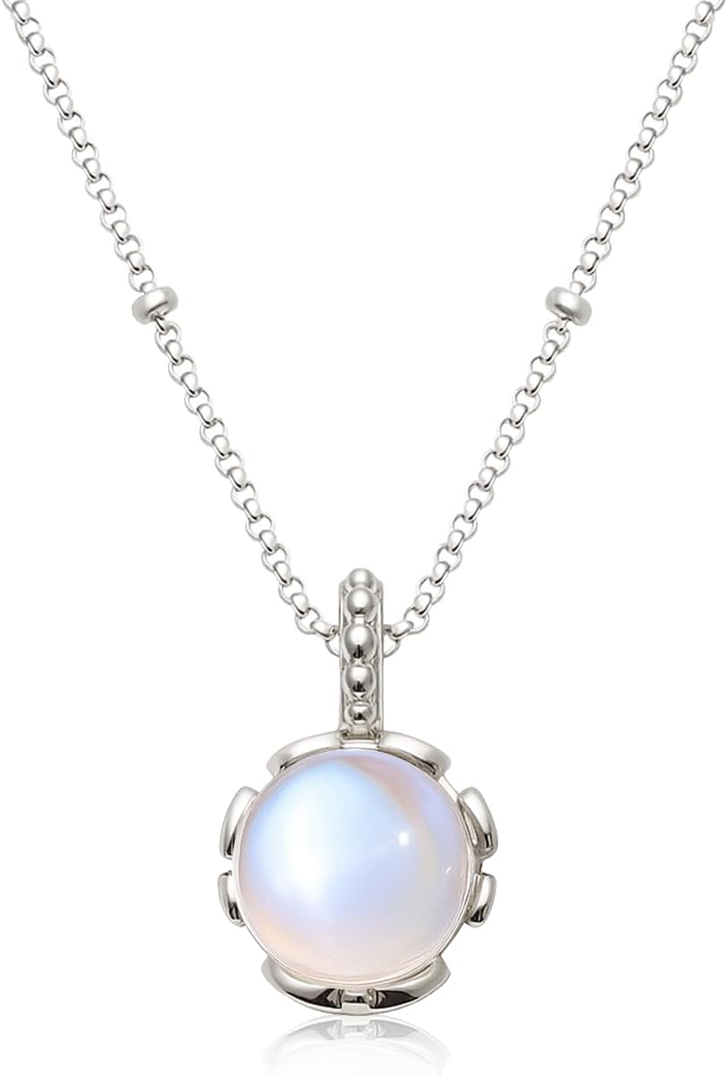 925 Sterling Silver Rainbow Moonstone Necklace for Women - Floral Opal Birthstone Pendant Necklace, round Gemstone Jewellery Gift for Her