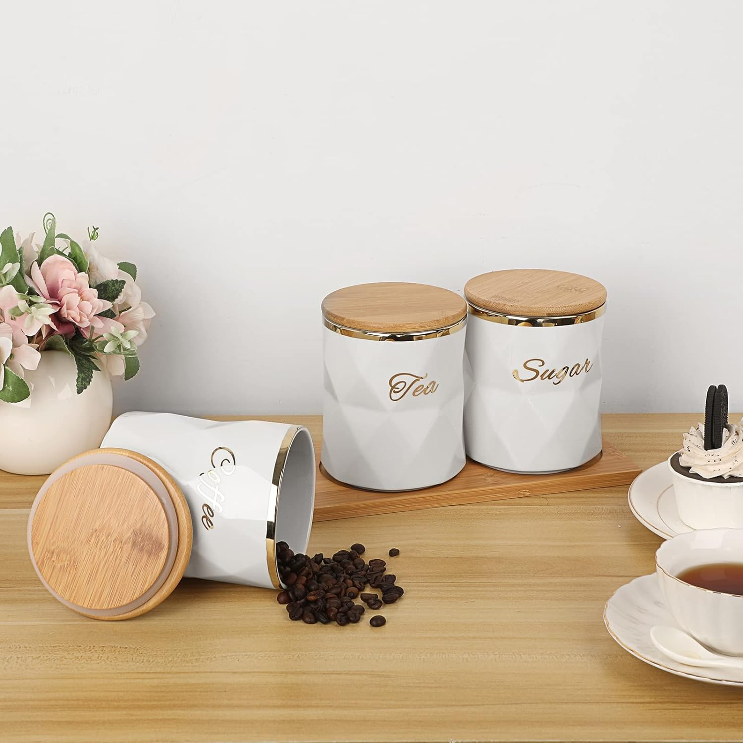 JUXYES Set of 3 Ceramic Canisters Set for Sugar Coffee Tea, Luxurious Storage... - Picture 6 of 14