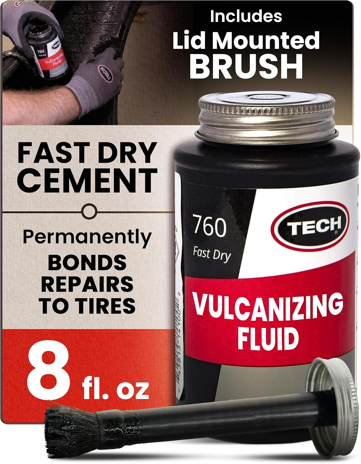 TECH Chemical Vulcanizing Fluid, 8 Fl Oz – Rubber Cement for Permanent Bonding of Plugs, Patches, and Cap Fixes, Ideal for Sidewalls, Treads, and Shop Use, Fast-Drying Adhesive