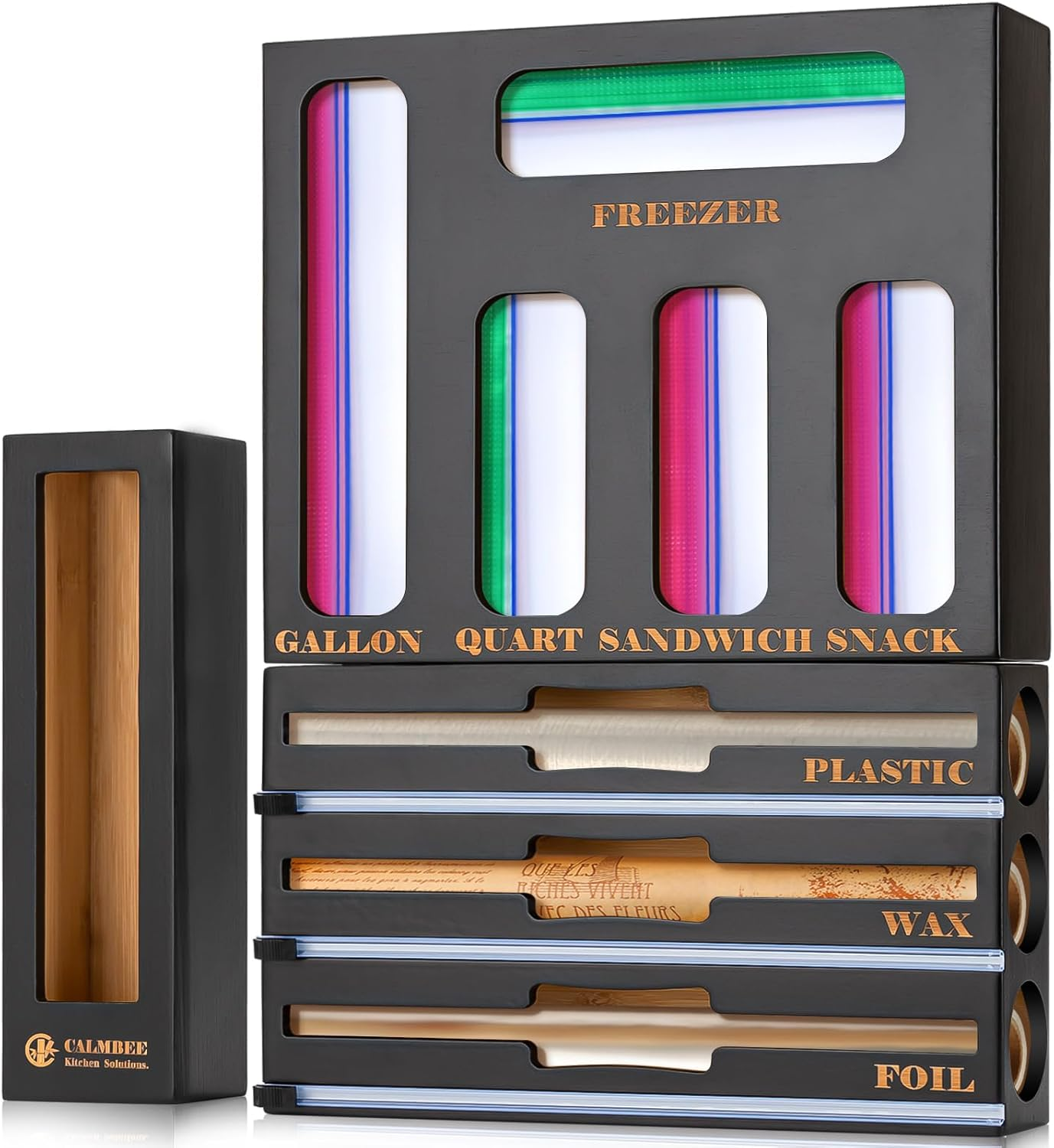 Storage Bag Organizer, Foil and Plastic Wrap Organizer with Cutter, Kitchen Organizers and Storage Compatible with Gallon, Quart, Sandwich, Snack Bags and 12