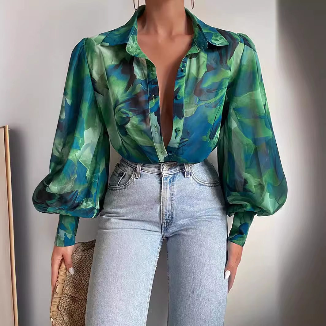 King Mcgreen Star Fashion Lapel Lantern Sleeve Blouses Office Lady Vintage Floral Print Shirts Tops Button up Long Sleeve Shirt